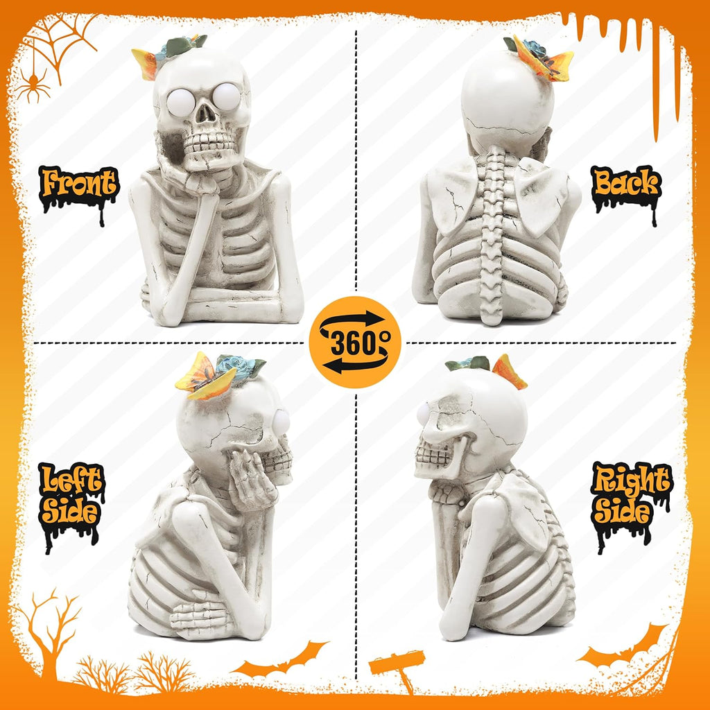 Halloween Skull Statue with Spooky LED Light for Holiday Decorations, Halloween Decor with Romantic Skeleton Couple on Swing Tombstone Tree, Grinning Skull Decor Props Haunted Collectible Gift - Halloween Happy