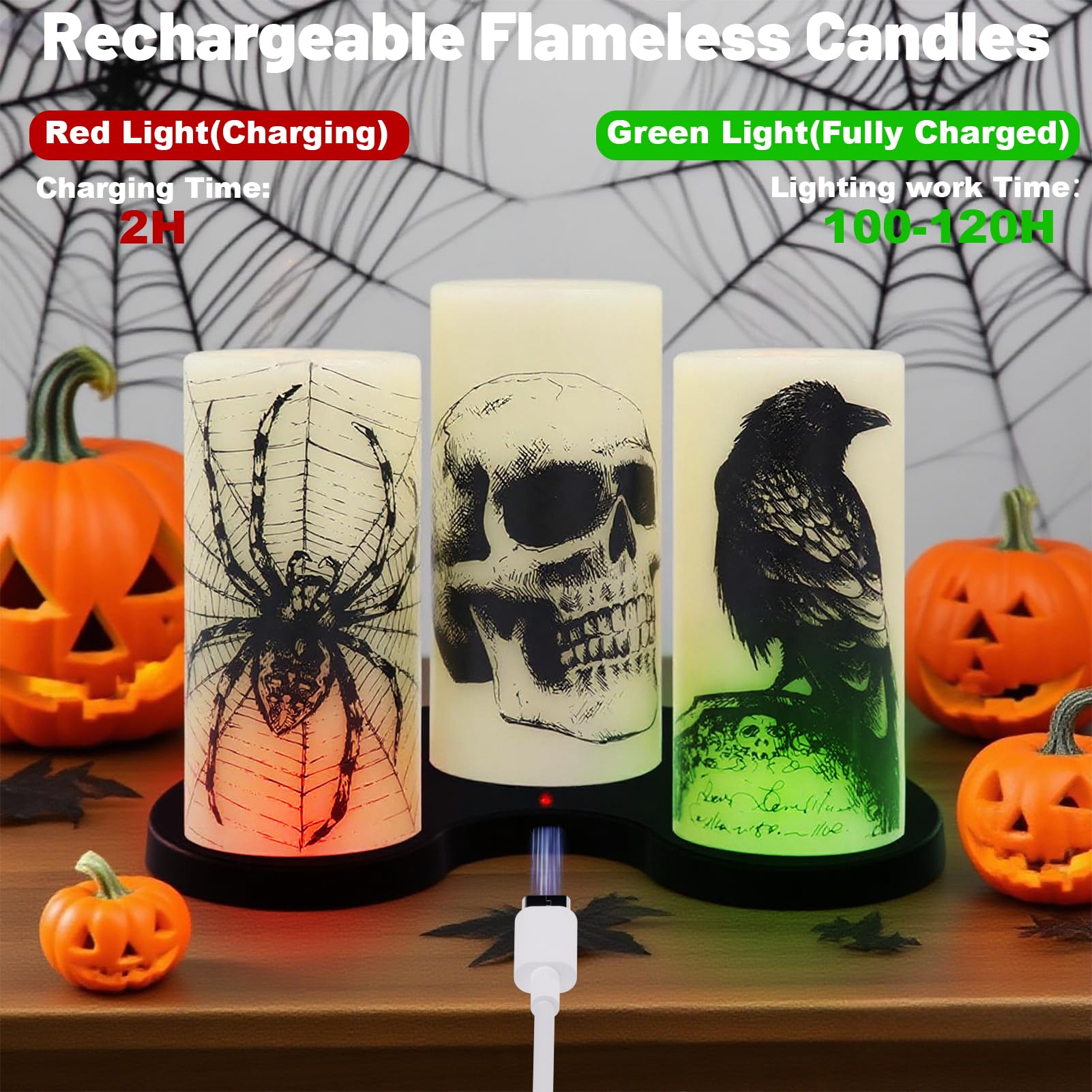Eldnacele Halloween LED Flameless Flickering Candles Battery Operated with 6H Timer Skull Spider Web Crow Raven Spooky Decals Halloween Themed Indoor Decoration(3 Pack, D3 x H6) - Halloween Happy