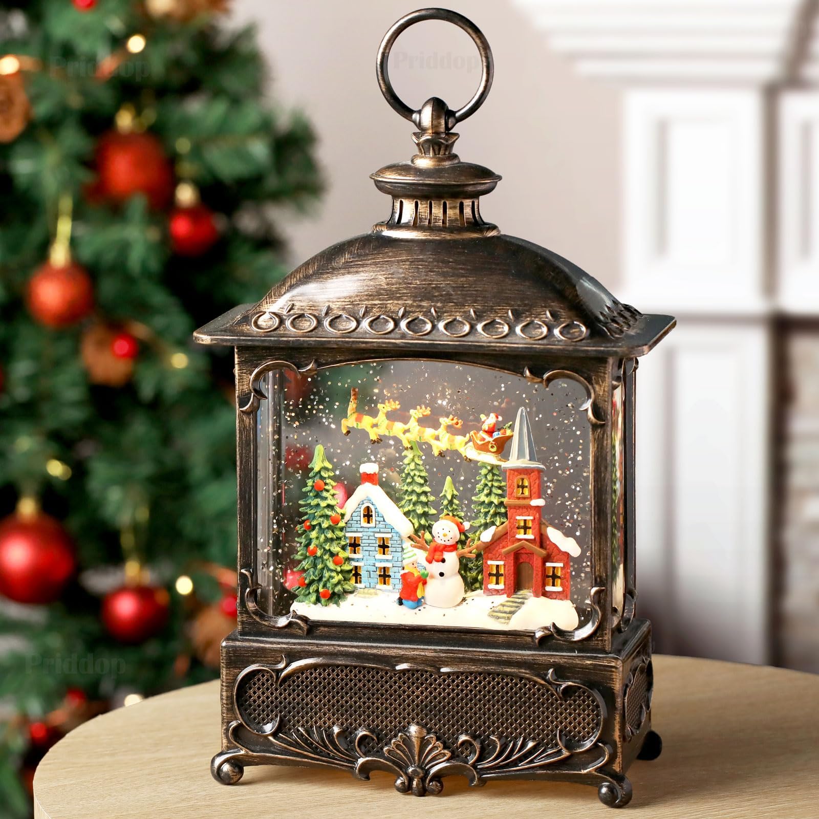 Halloween Snow Globe Lantern Haunted House Pumpkin Ghost Tree Crow Rip Dancing Bats with Timer, USB and Battery Powered 12 inch - Halloween Happy