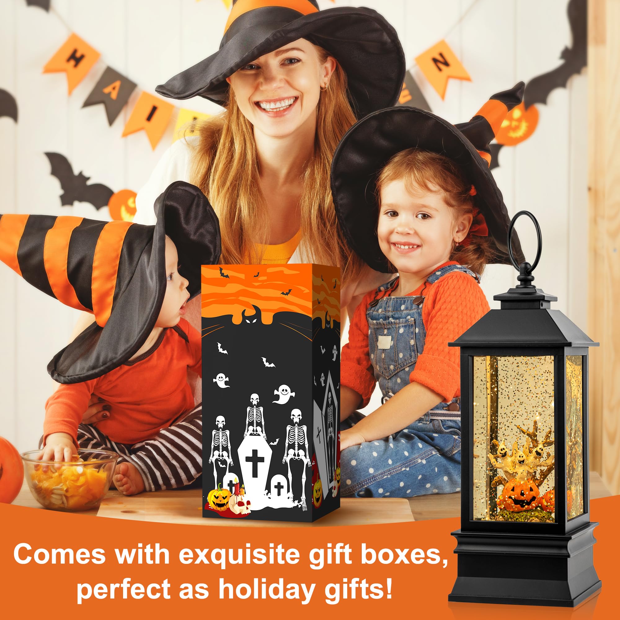 Halloween Snow Globe Lantern Water Glittering Spooky Witch' s Black Cat in Pumpkins with Music, USB Lined/Battery Operated Lighted Lantern for Halloween Festival Decoration Gifts - Halloween Happy