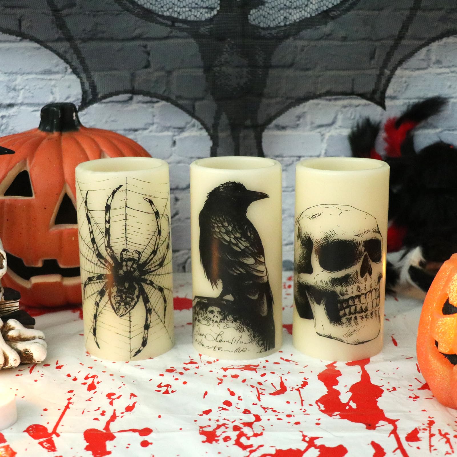 Eldnacele Halloween LED Flameless Flickering Candles Battery Operated with 6H Timer Skull Spider Web Crow Raven Spooky Decals Halloween Themed Indoor Decoration(3 Pack, D3 x H6) - Halloween Happy