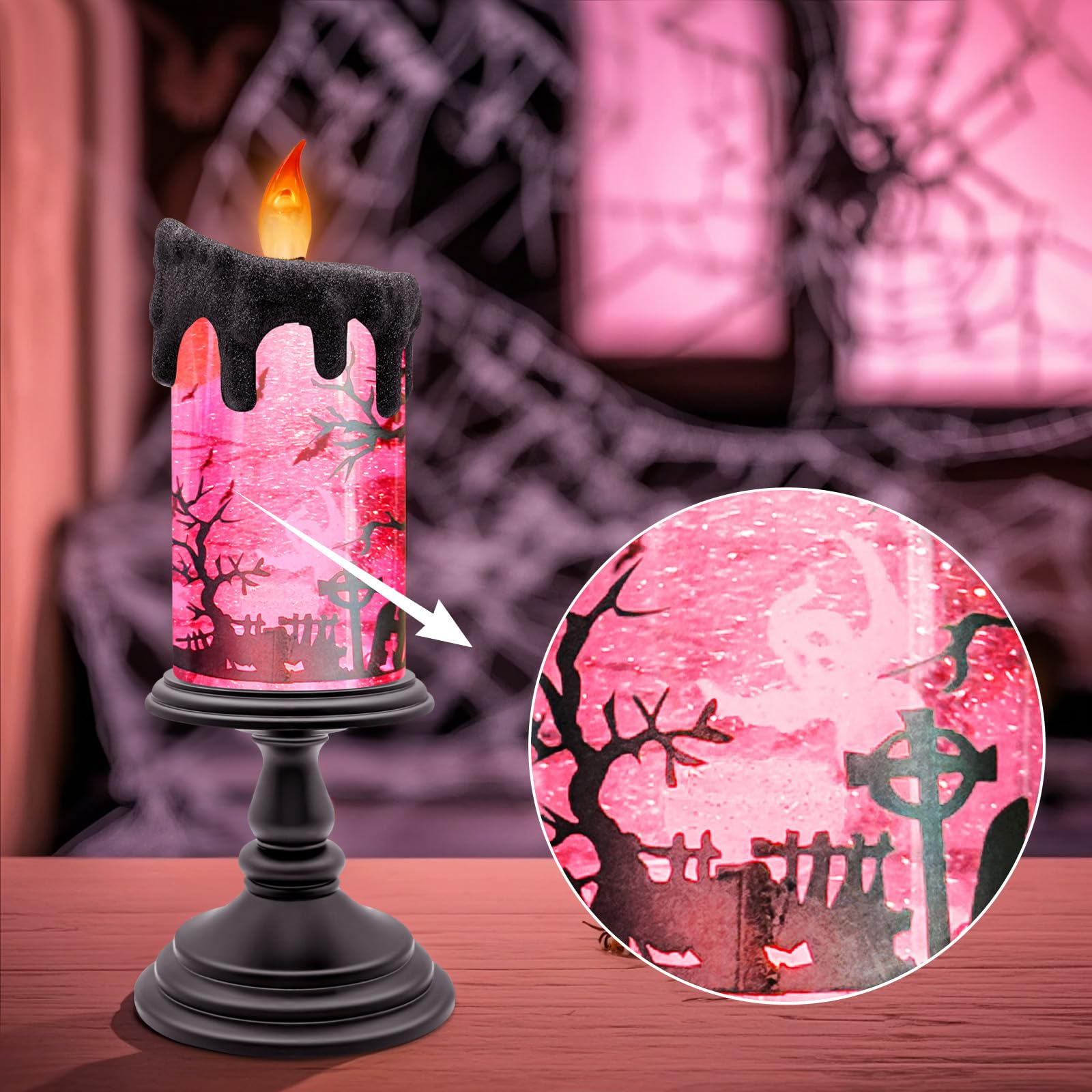 Halloween Snow Globe Flameless Candle – Lighted Halloween Glitter Lantern with Spinning Water and Timer, Pumpkin & Bat Scene Halloween Decor for Home, Party, Table Centerpiece - Halloween Happy