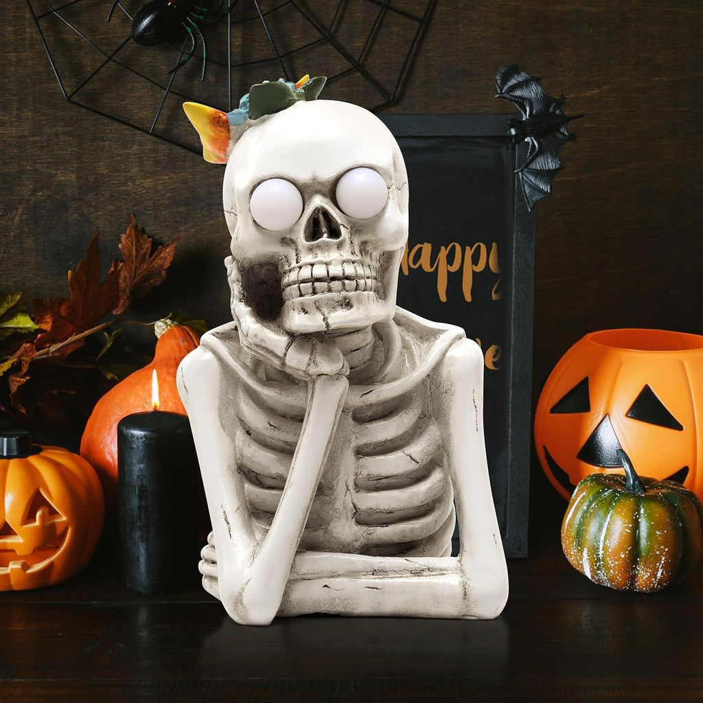 Halloween Skull Statue with Spooky LED Light for Holiday Decorations, Halloween Decor with Romantic Skeleton Couple on Swing Tombstone Tree, Grinning Skull Decor Props Haunted Collectible Gift - Halloween Happy