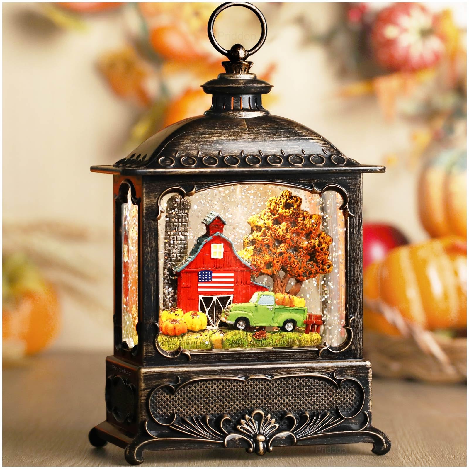 Halloween Snow Globe Lantern Haunted House Pumpkin Ghost Tree Crow Rip Dancing Bats with Timer, USB and Battery Powered 12 inch - Halloween Happy
