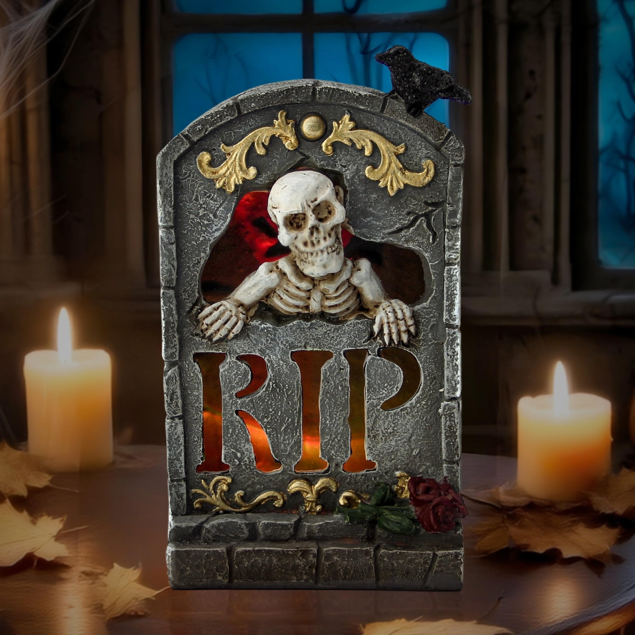 Halloween Skull Statue with Spooky LED Light for Holiday Decorations, Halloween Decor with Romantic Skeleton Couple on Swing Tombstone Tree, Grinning Skull Decor Props Haunted Collectible Gift - Halloween Happy