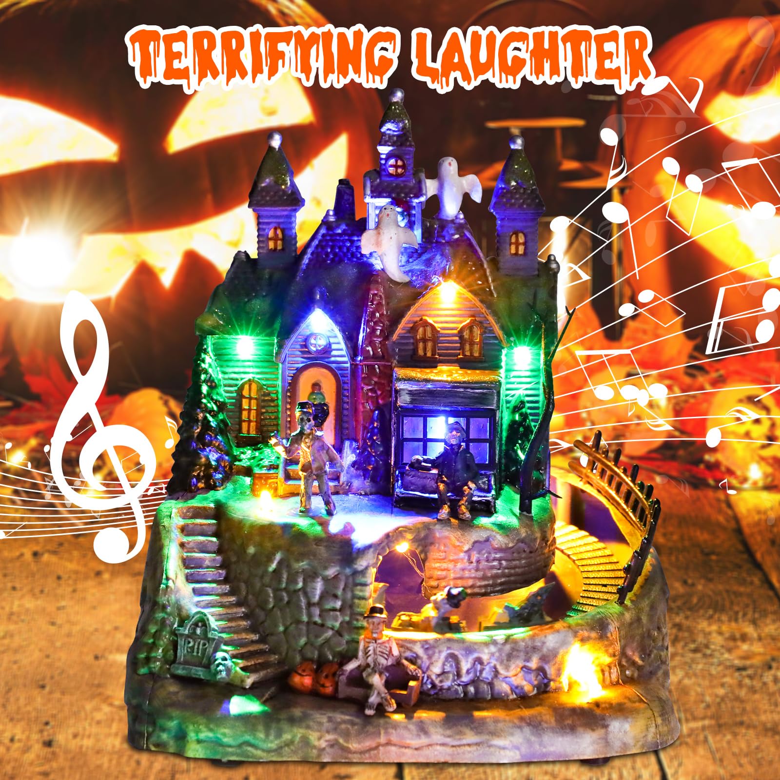 DREAM GARDEN Halloween Village Collection, Lighted Spooky Haunted House with Animated Train and Scary Sound Halloween Collectible Bulidings with Skull, Pumpkin, Ghost for Holiday Party Tabletop Decor - Halloween Happy