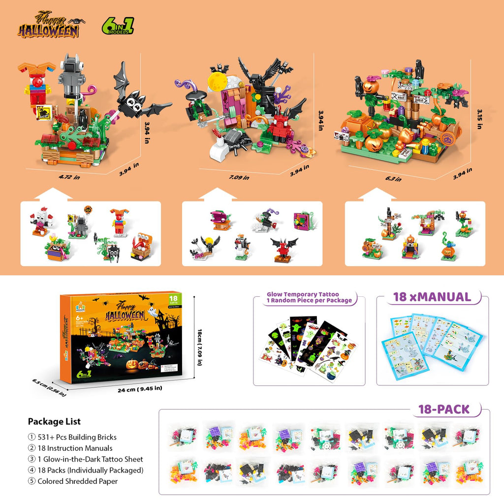 Halloween Building Set – Trick - or - Treat Toy for Kids, 6 - in - 1 Building Blocks with 18 Mini Packs, Pumpkin Patch, Ghost & Bat Scenes, Glow Tattoos, Pretend Play, Halloween Party Favors, Boys & Girls 6+ - Halloween Happy