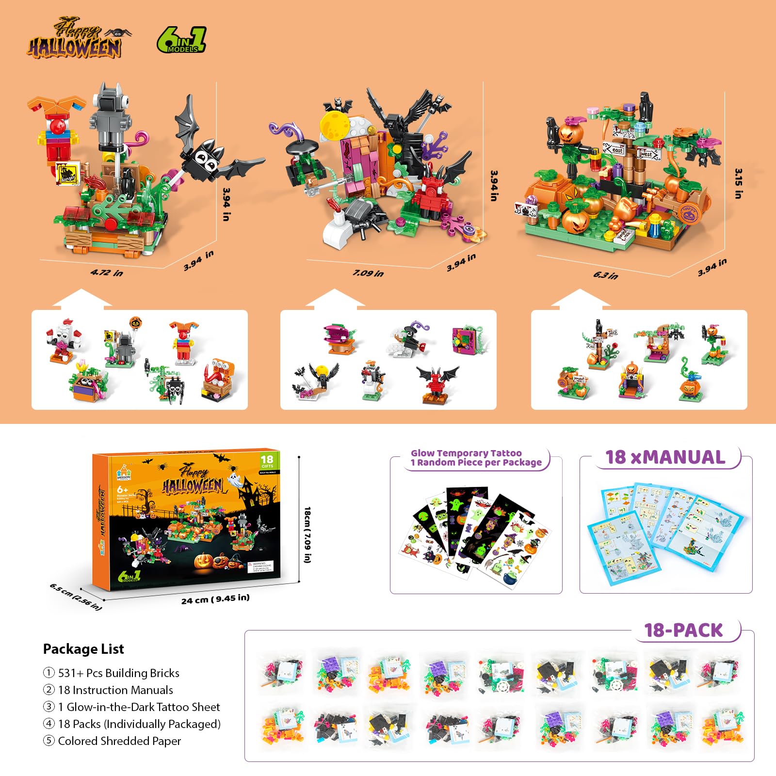 Halloween Building Set – Trick - or - Treat Toy for Kids, 6 - in - 1 Building Blocks with 18 Mini Packs, Pumpkin Patch, Ghost & Bat Scenes, Glow Tattoos, Pretend Play, Halloween Party Favors, Boys & Girls 6+ - Halloween Happy