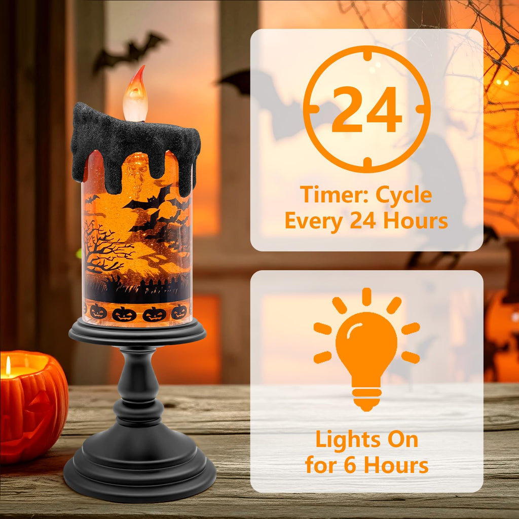 Halloween Snow Globe Flameless Candle – Lighted Halloween Glitter Lantern with Spinning Water and Timer, Pumpkin & Bat Scene Halloween Decor for Home, Party, Table Centerpiece - Halloween Happy