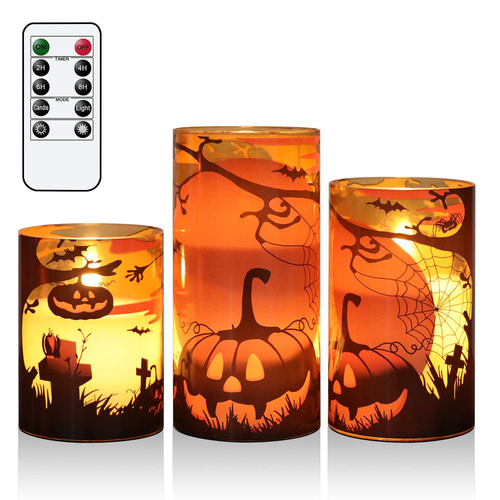 Eldnacele Halloween LED Flameless Flickering Candles Battery Operated with 6H Timer Skull Spider Web Crow Raven Spooky Decals Halloween Themed Indoor Decoration(3 Pack, D3 x H6) - Halloween Happy