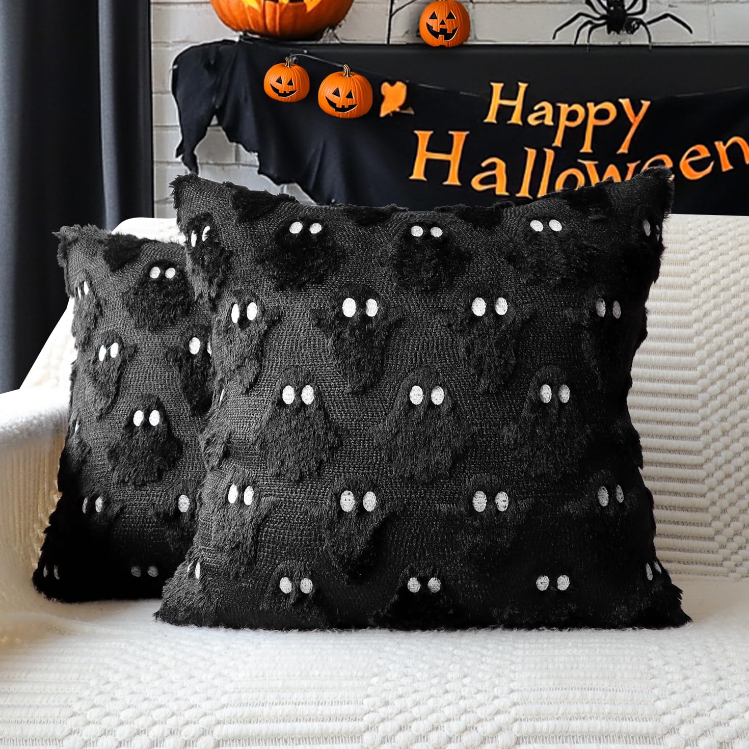 4TH Emotion Halloween Ghost Decorative Pillow Covers 18x18 Set of 2, White Soft Plush Faux Fur Farmhouse Throw Cushion Cases for Fall Autumn Holiday Home Decorations - Halloween Happy
