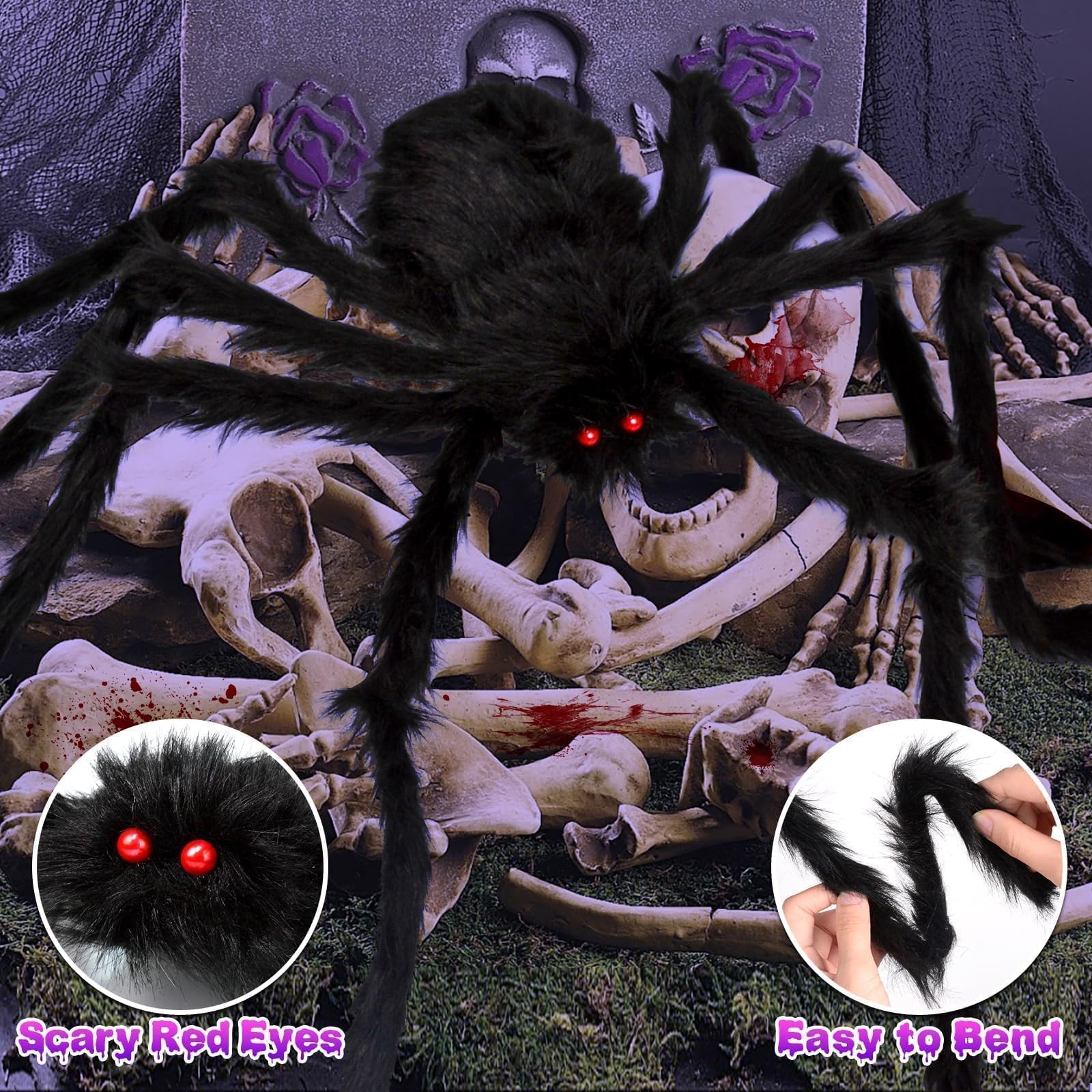 200" Halloween Spider Web + 59" Giant Spider Decorations Fake Spiders with Triangular Huge Spiders Web for Indoor Outdoor Halloween Decorations Yard Home Costumes Parties Haunted House Décor - Halloween Happy