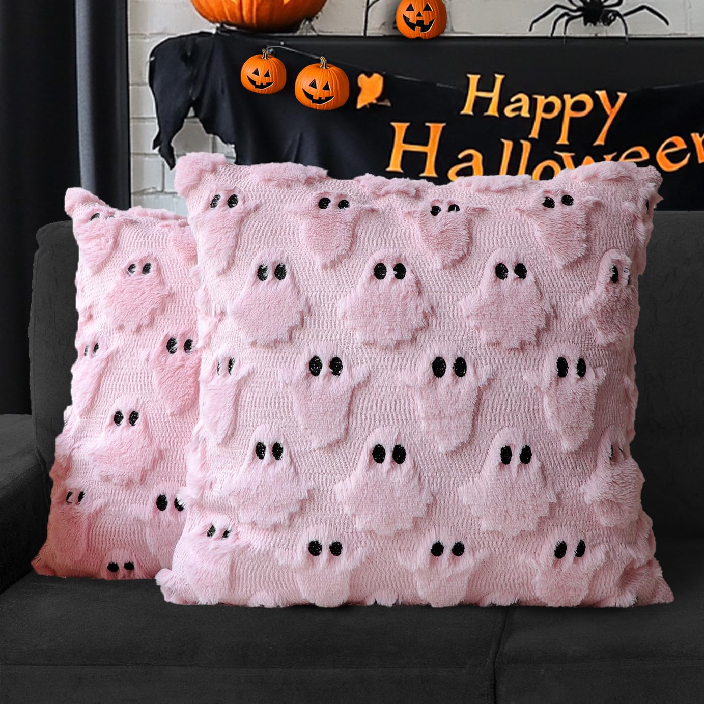 4TH Emotion Halloween Ghost Decorative Pillow Covers 18x18 Set of 2, White Soft Plush Faux Fur Farmhouse Throw Cushion Cases for Fall Autumn Holiday Home Decorations - Halloween Happy