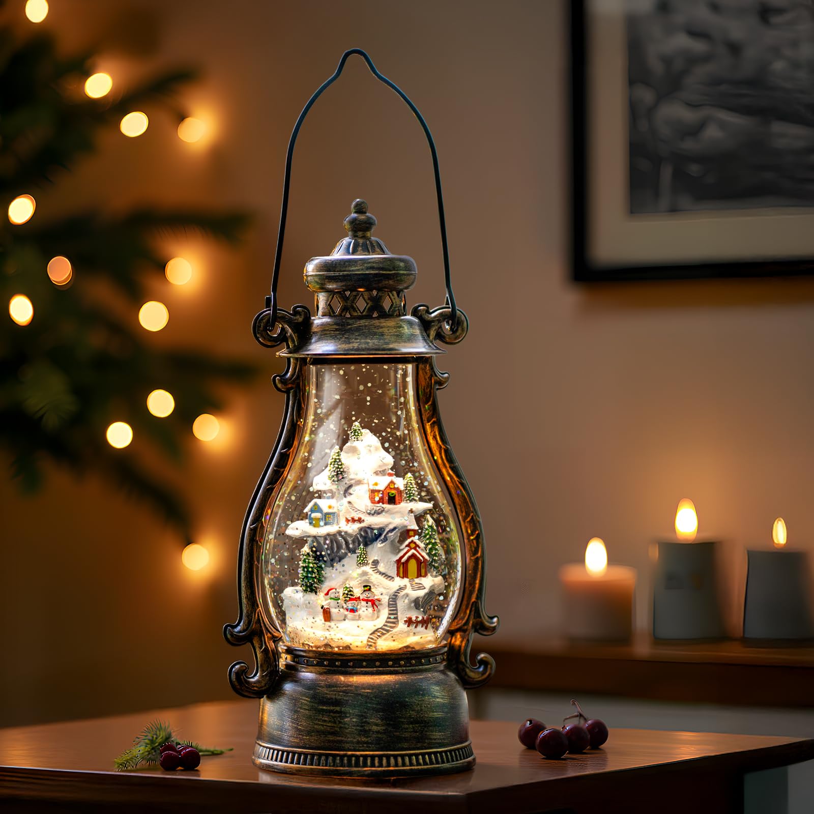 Halloween Snow Globe Lantern Water Glittering Spooky Witch' s Black Cat in Pumpkins with Music, USB Lined/Battery Operated Lighted Lantern for Halloween Festival Decoration Gifts - Halloween Happy