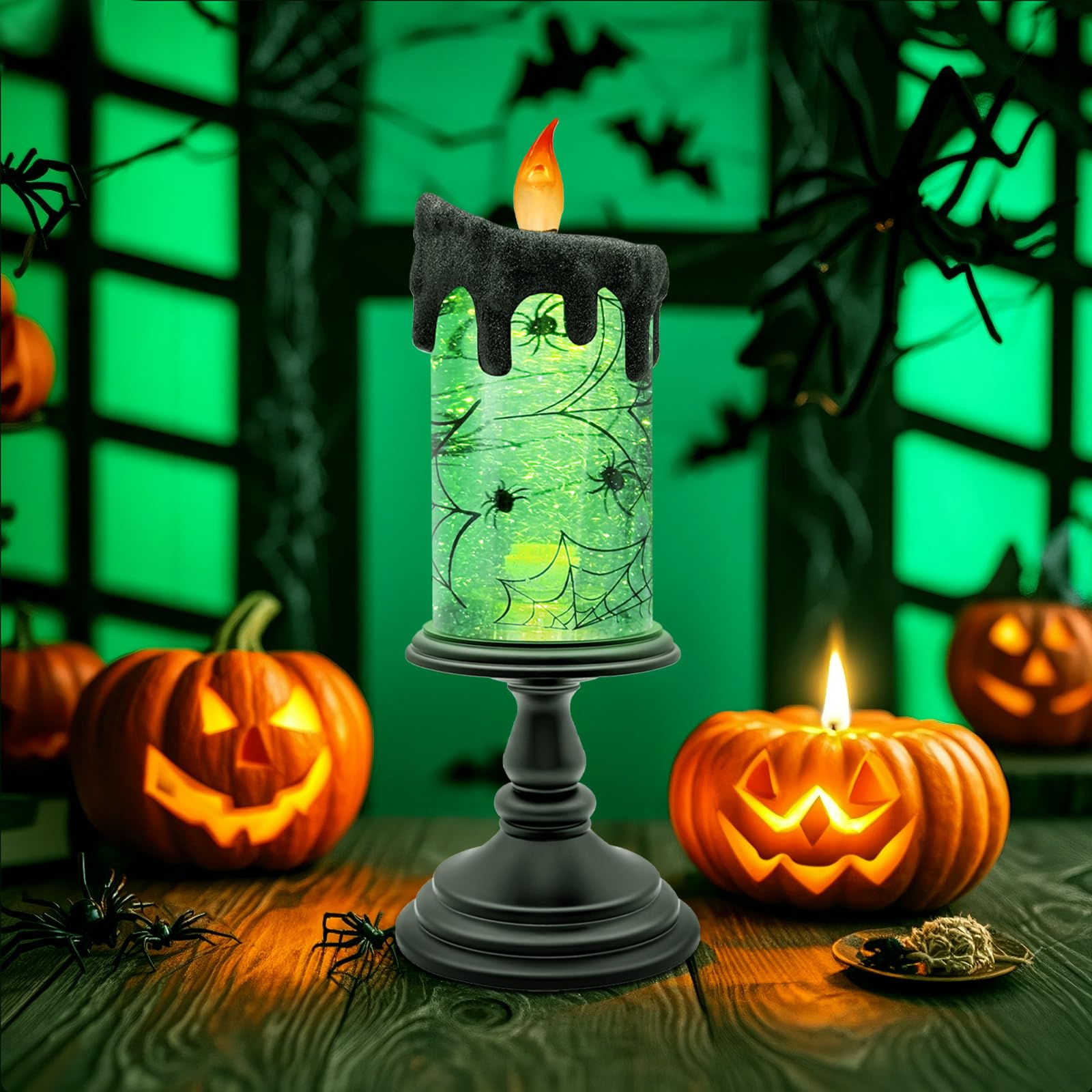 Halloween Snow Globe Flameless Candle – Lighted Halloween Glitter Lantern with Spinning Water and Timer, Pumpkin & Bat Scene Halloween Decor for Home, Party, Table Centerpiece - Halloween Happy