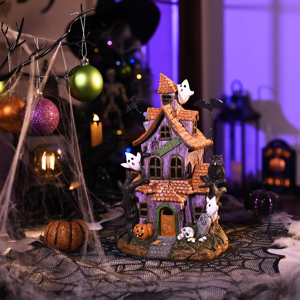 Valery Madelyn Halloween Decorations, Lighted Halloween Village Houses with LED Lights, Resin Spooky Town Happy Haunted House for Home and Party Table Desk Mantel, 9 Inch - Halloween Happy