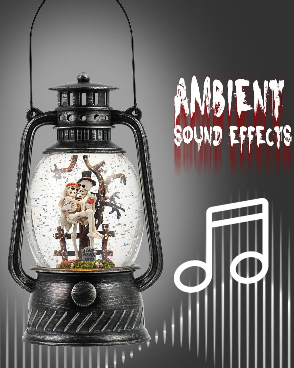 Halloween Snow Globe, Halloween Decorations Indoor Light Up Snow Globe Lantern with Music, 6H Timer, Love Never Dies Swirling Glitter Halloween Lantern for Halloween Home Decorations - Halloween Happy