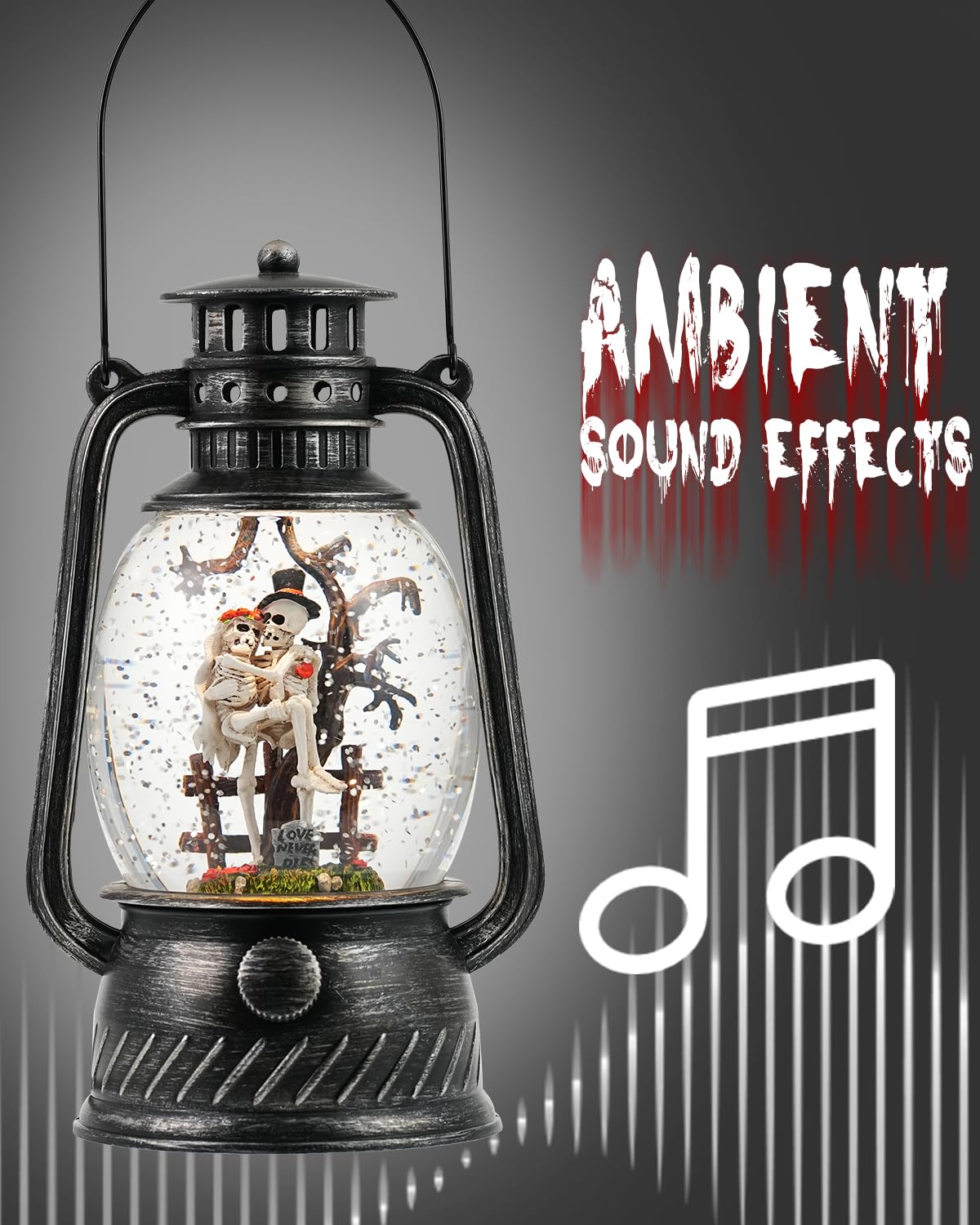 Halloween Snow Globe, Halloween Decorations Indoor Light Up Snow Globe Lantern with Music, 6H Timer, Love Never Dies Swirling Glitter Halloween Lantern for Halloween Home Decorations - Halloween Happy