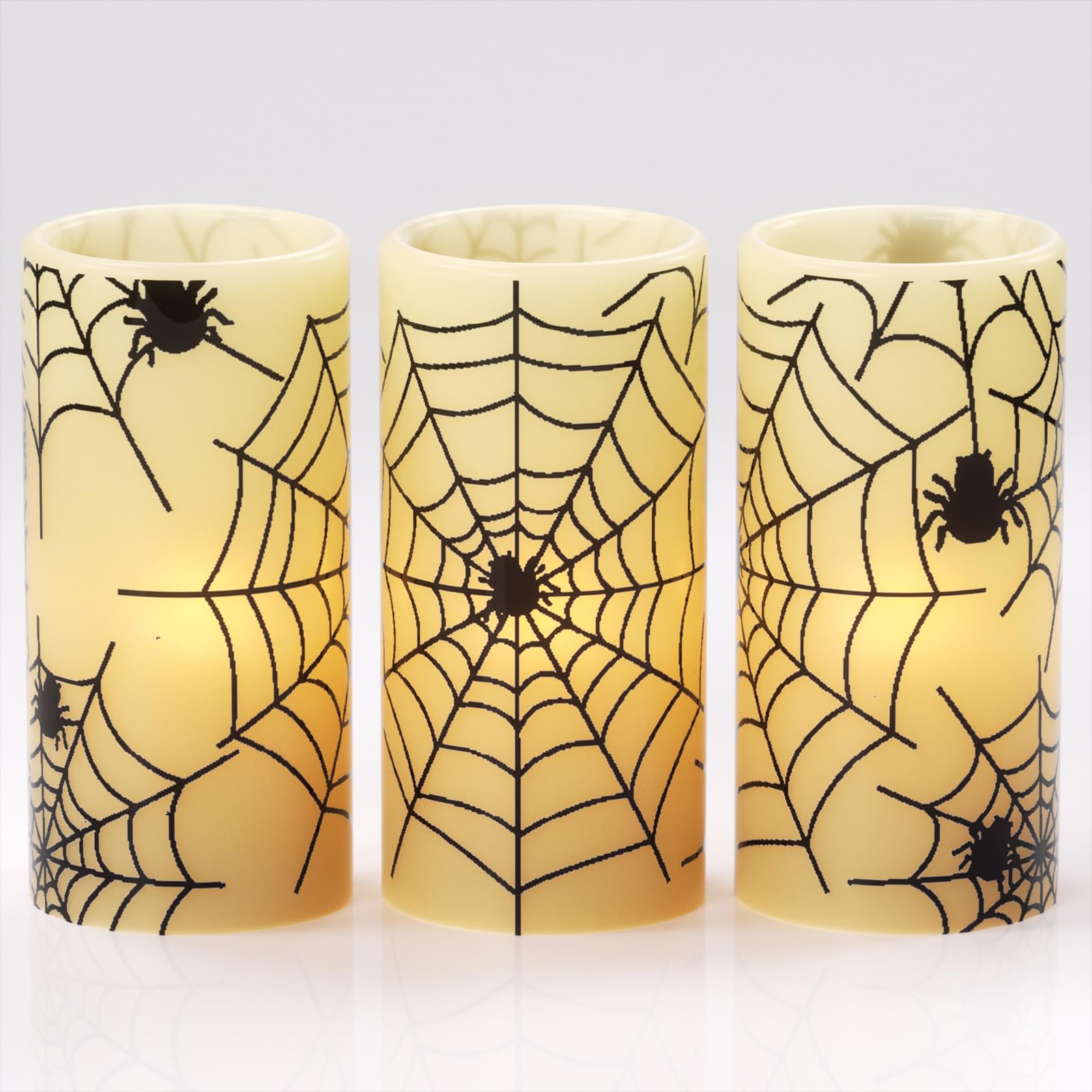 Eldnacele Halloween LED Flameless Flickering Candles Battery Operated with 6H Timer Skull Spider Web Crow Raven Spooky Decals Halloween Themed Indoor Decoration(3 Pack, D3 x H6) - Halloween Happy