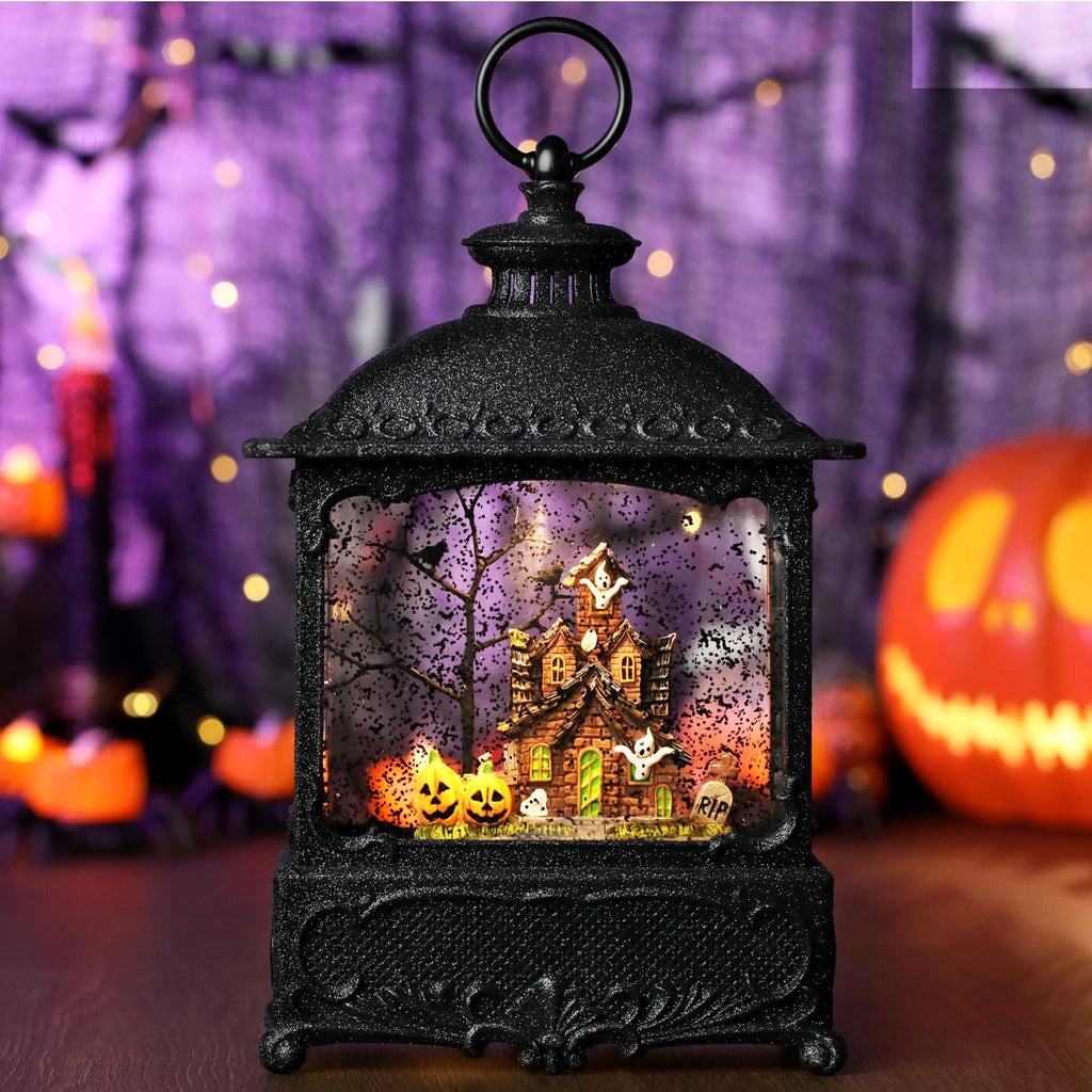 Halloween Snow Globe Lantern Haunted House Pumpkin Ghost Tree Crow Rip Dancing Bats with Timer, USB and Battery Powered 12 inch - Halloween Happy