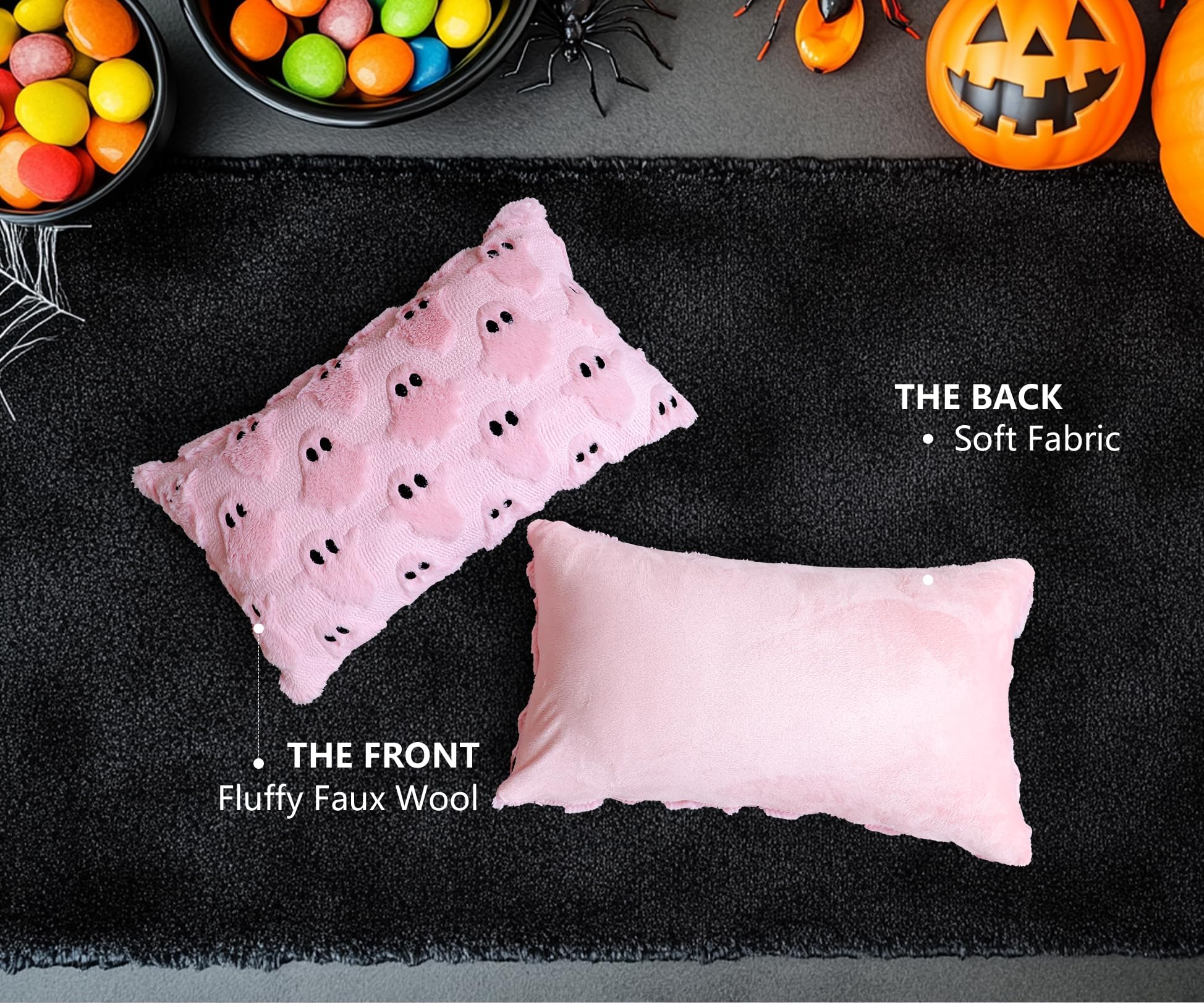 4TH Emotion Halloween Ghost Decorative Pillow Covers 18x18 Set of 2, White Soft Plush Faux Fur Farmhouse Throw Cushion Cases for Fall Autumn Holiday Home Decorations - Halloween Happy