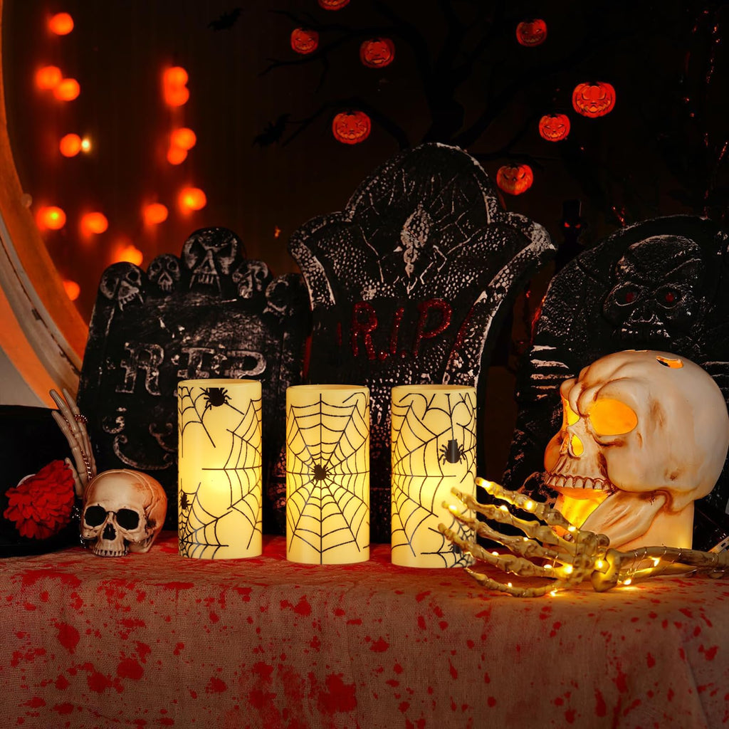Eldnacele Halloween LED Flameless Flickering Candles Battery Operated with 6H Timer Skull Spider Web Crow Raven Spooky Decals Halloween Themed Indoor Decoration(3 Pack, D3 x H6) - Halloween Happy