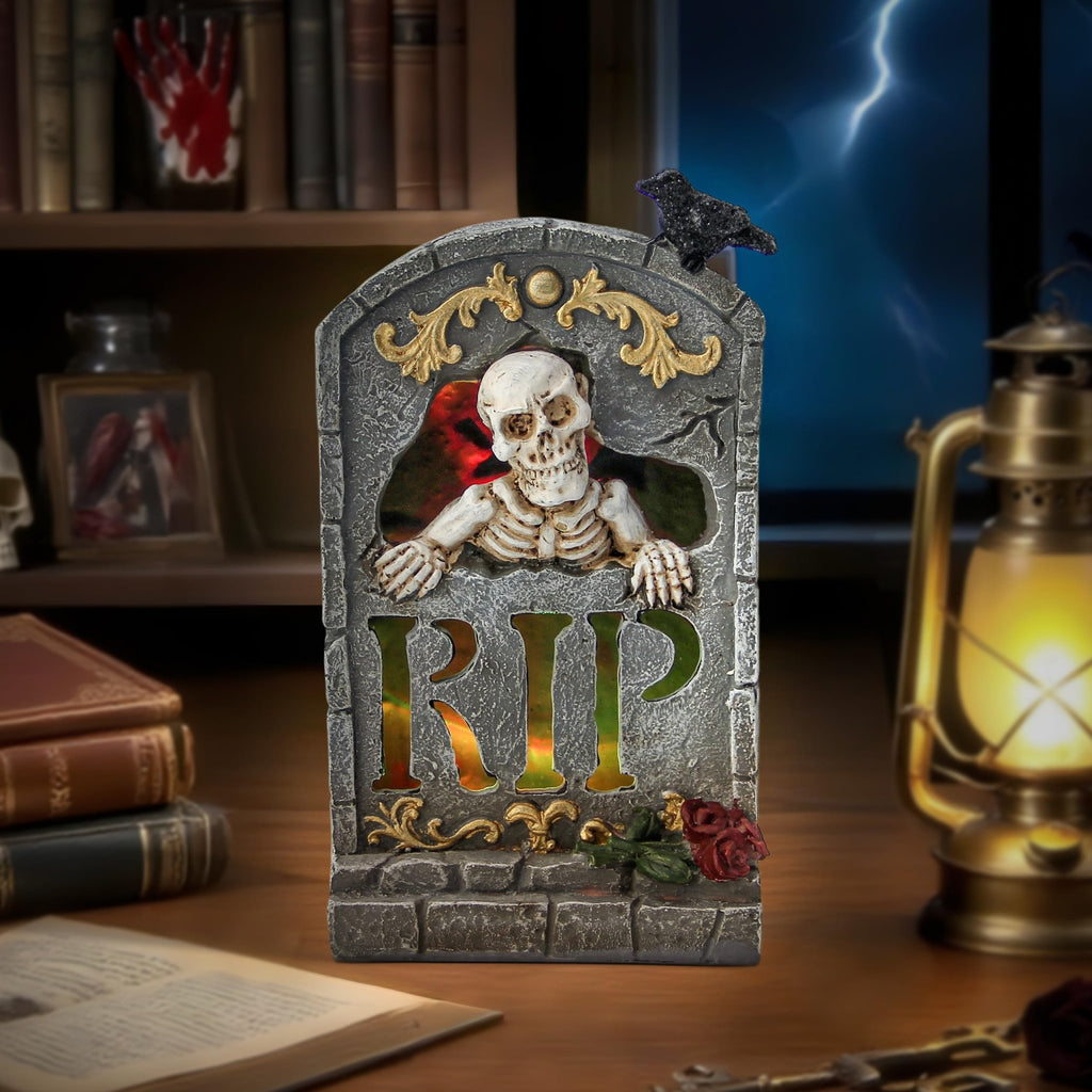 Halloween Skull Statue with Spooky LED Light for Holiday Decorations, Halloween Decor with Romantic Skeleton Couple on Swing Tombstone Tree, Grinning Skull Decor Props Haunted Collectible Gift - Halloween Happy