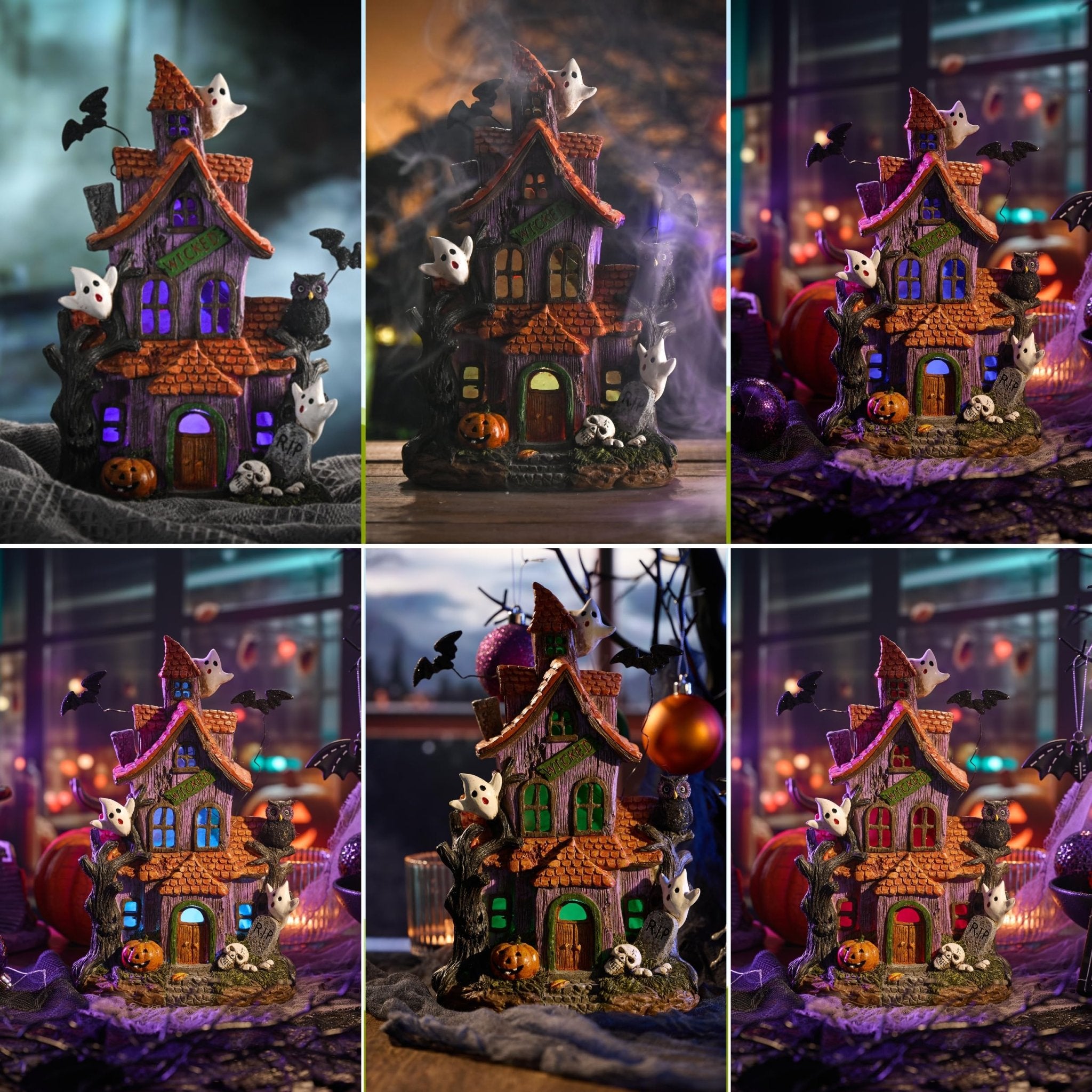 Valery Madelyn Halloween Decorations, Lighted Halloween Village Houses with LED Lights, Resin Spooky Town Happy Haunted House for Home and Party Table Desk Mantel, 9 Inch - Halloween Happy