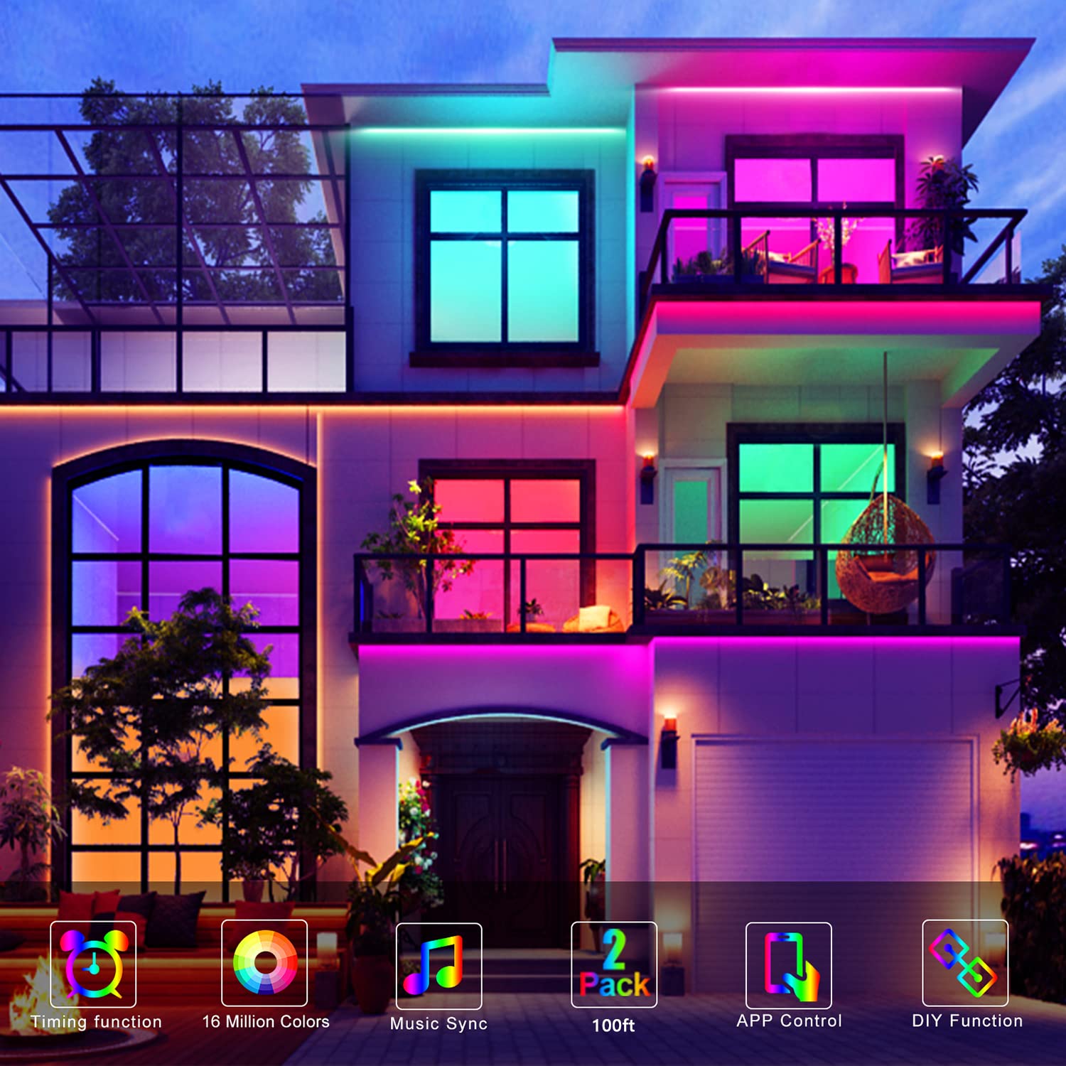 Permanent Outdoor Lights 150ft RGB+IC Outdoor String Lights App Control IP67 Waterproof,100 Scene Modes Home for Christmas,Halloween,Holiday, Daily,Birthday Decor - Halloween Happy