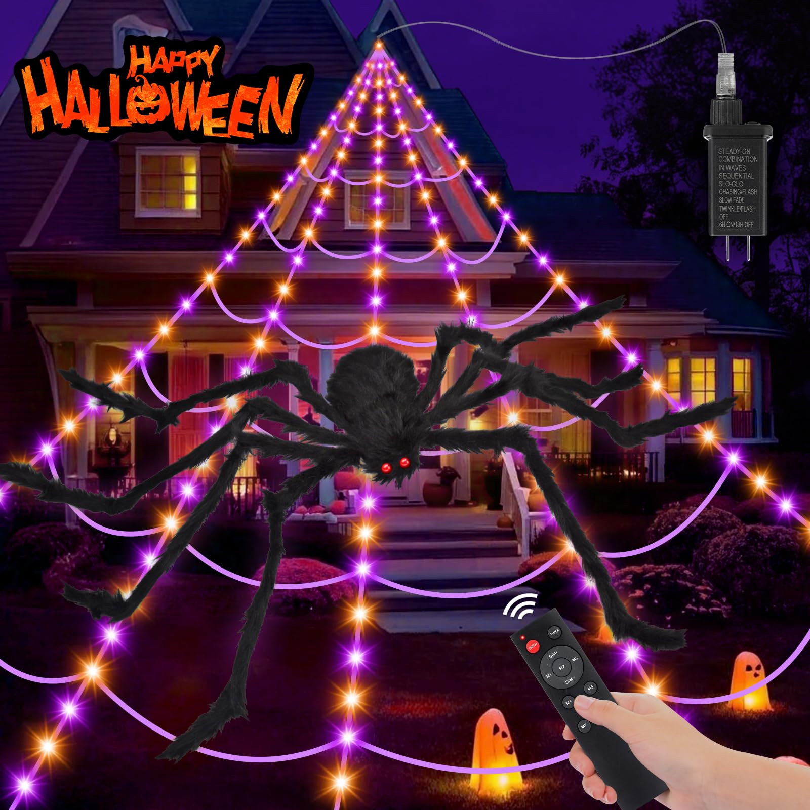 200" Halloween Spider Web + 59" Giant Spider Decorations Fake Spiders with Triangular Huge Spiders Web for Indoor Outdoor Halloween Decorations Yard Home Costumes Parties Haunted House Décor - Halloween Happy