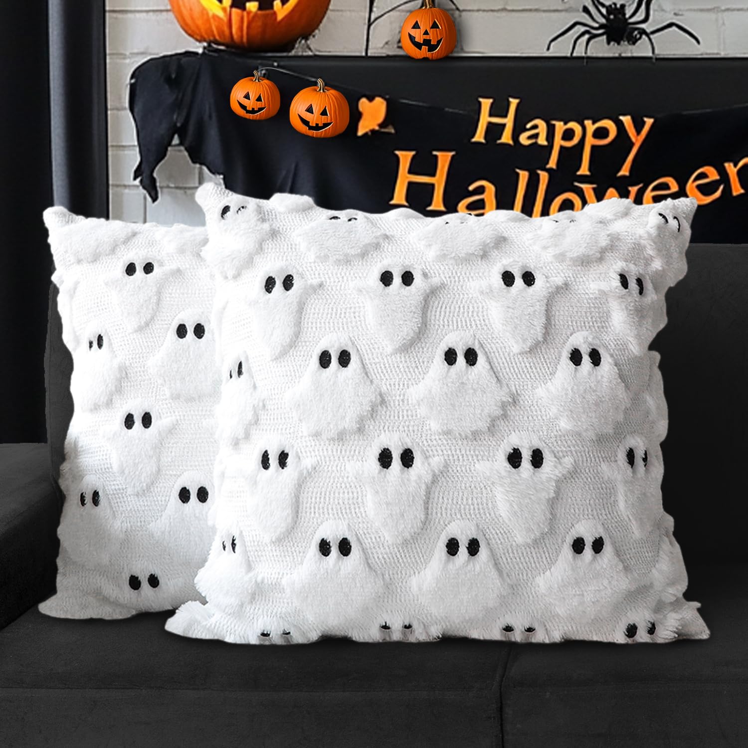 4TH Emotion Halloween Ghost Decorative Pillow Covers 18x18 Set of 2, White Soft Plush Faux Fur Farmhouse Throw Cushion Cases for Fall Autumn Holiday Home Decorations - Halloween Happy