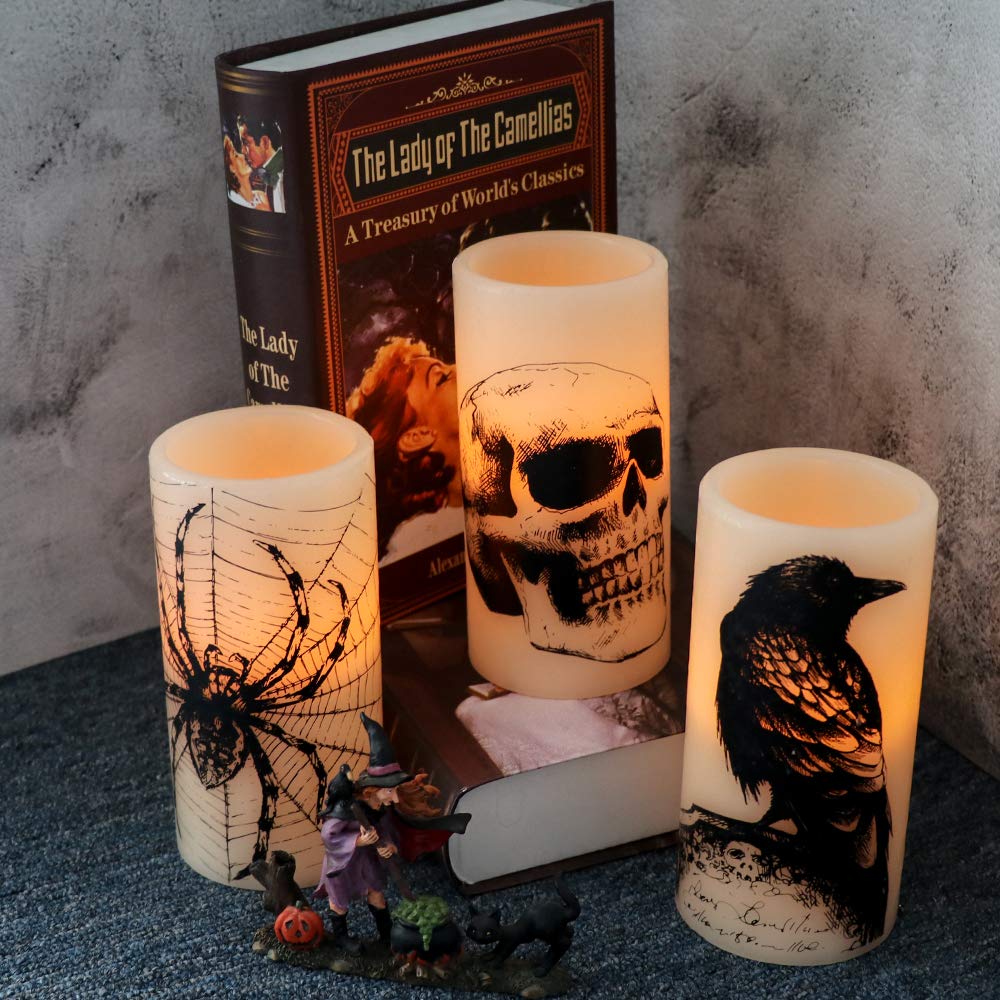 Eldnacele Halloween LED Flameless Flickering Candles Battery Operated with 6H Timer Skull Spider Web Crow Raven Spooky Decals Halloween Themed Indoor Decoration(3 Pack, D3 x H6) - Halloween Happy