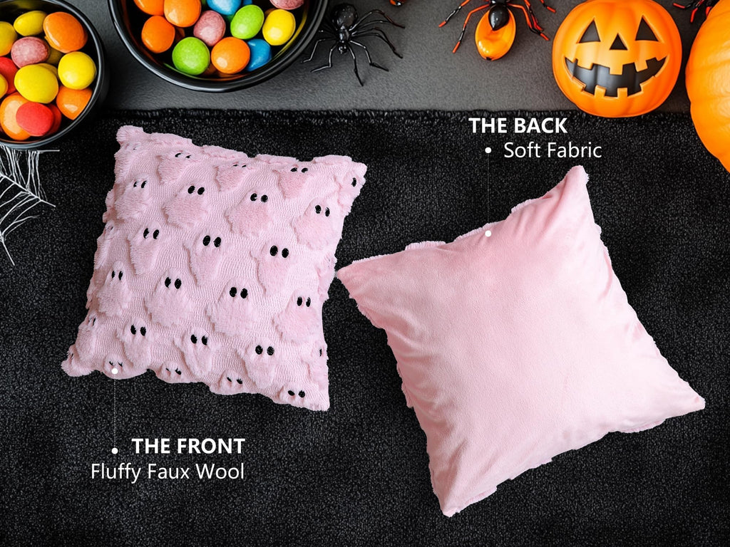 4TH Emotion Halloween Ghost Decorative Pillow Covers 18x18 Set of 2, White Soft Plush Faux Fur Farmhouse Throw Cushion Cases for Fall Autumn Holiday Home Decorations - Halloween Happy