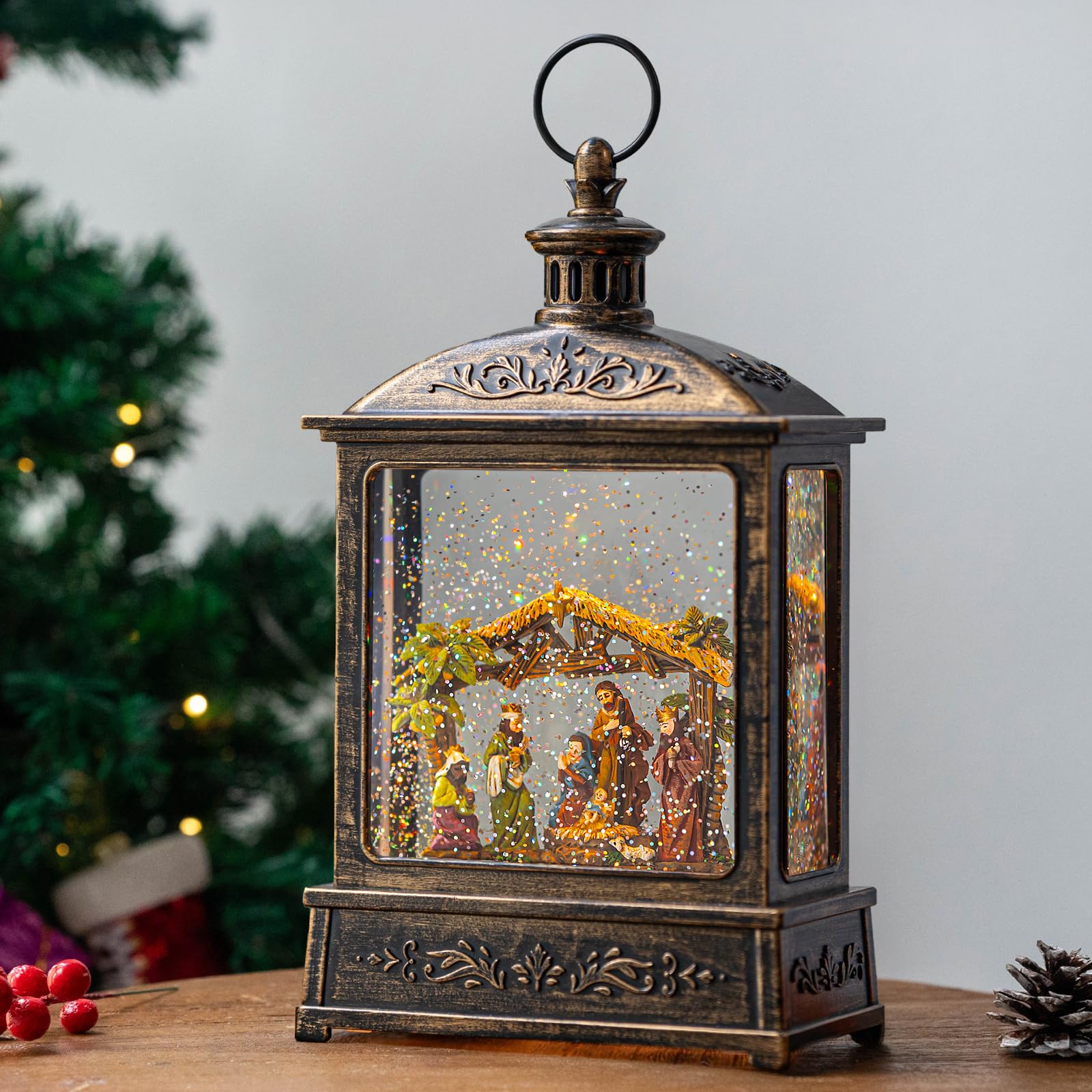 Halloween Snow Globe Lantern Water Glittering Spooky Witch' s Black Cat in Pumpkins with Music, USB Lined/Battery Operated Lighted Lantern for Halloween Festival Decoration Gifts - Halloween Happy