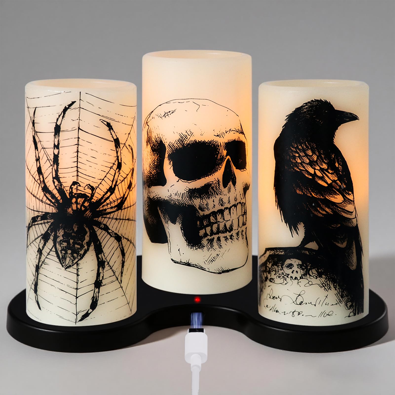 Eldnacele Halloween LED Flameless Flickering Candles Battery Operated with 6H Timer Skull Spider Web Crow Raven Spooky Decals Halloween Themed Indoor Decoration(3 Pack, D3 x H6) - Halloween Happy