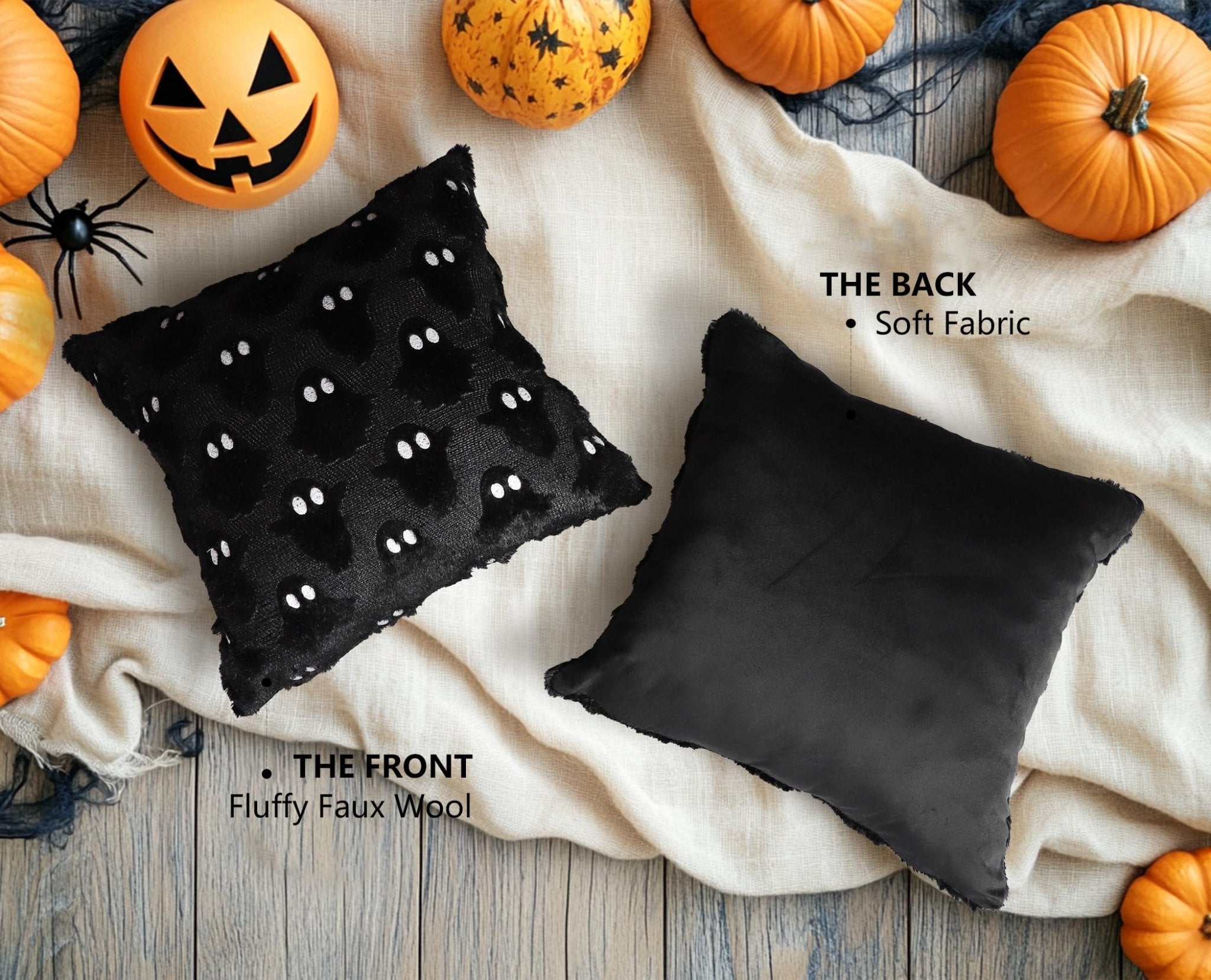 4TH Emotion Halloween Ghost Decorative Pillow Covers 18x18 Set of 2, White Soft Plush Faux Fur Farmhouse Throw Cushion Cases for Fall Autumn Holiday Home Decorations - Halloween Happy