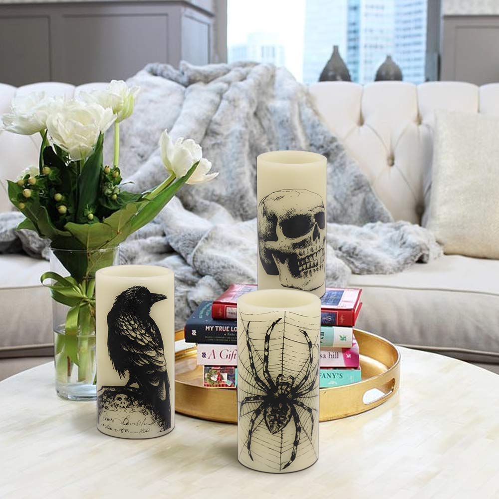 Eldnacele Halloween LED Flameless Flickering Candles Battery Operated with 6H Timer Skull Spider Web Crow Raven Spooky Decals Halloween Themed Indoor Decoration(3 Pack, D3 x H6) - Halloween Happy