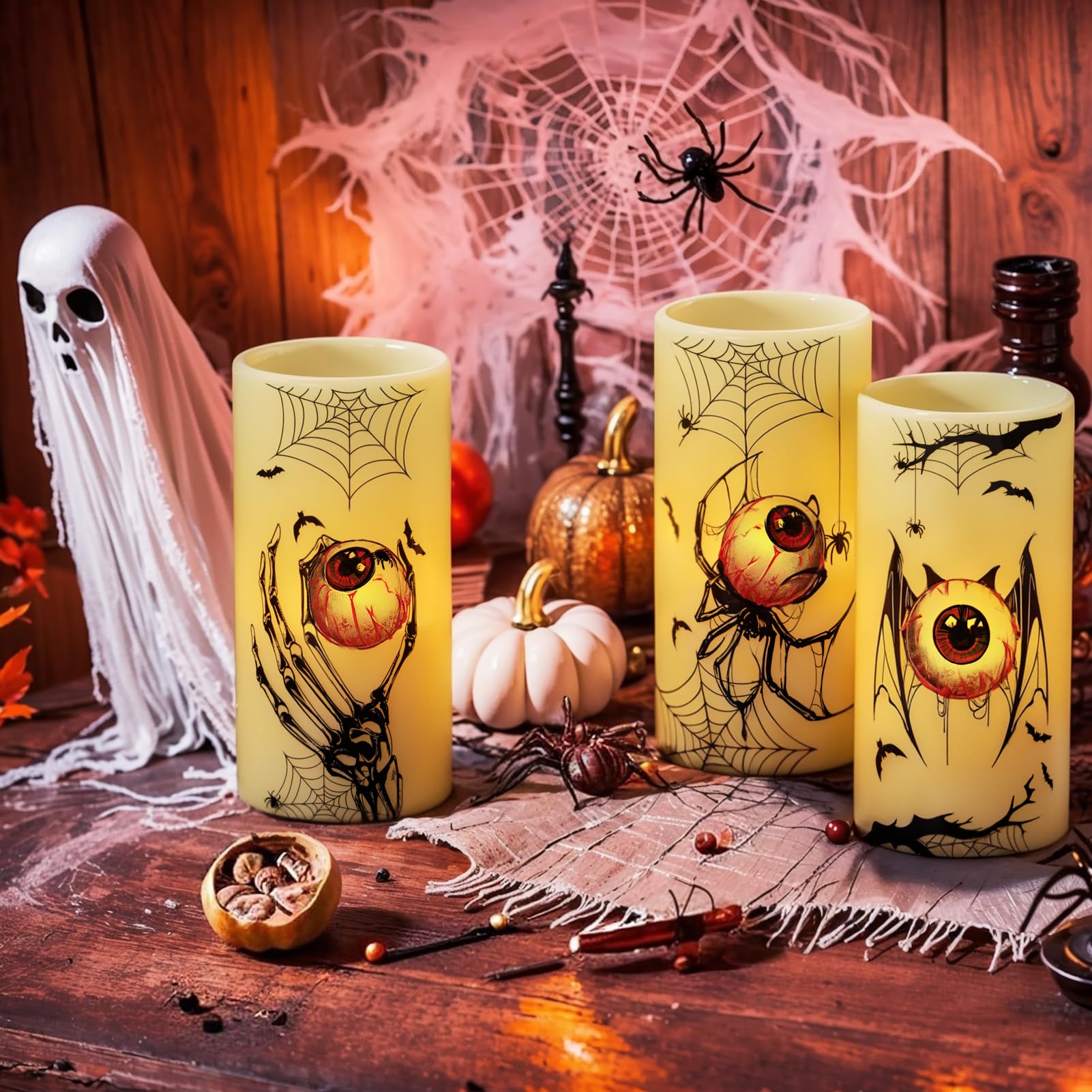 Eldnacele Halloween LED Flameless Flickering Candles Battery Operated with 6H Timer Skull Spider Web Crow Raven Spooky Decals Halloween Themed Indoor Decoration(3 Pack, D3 x H6) - Halloween Happy