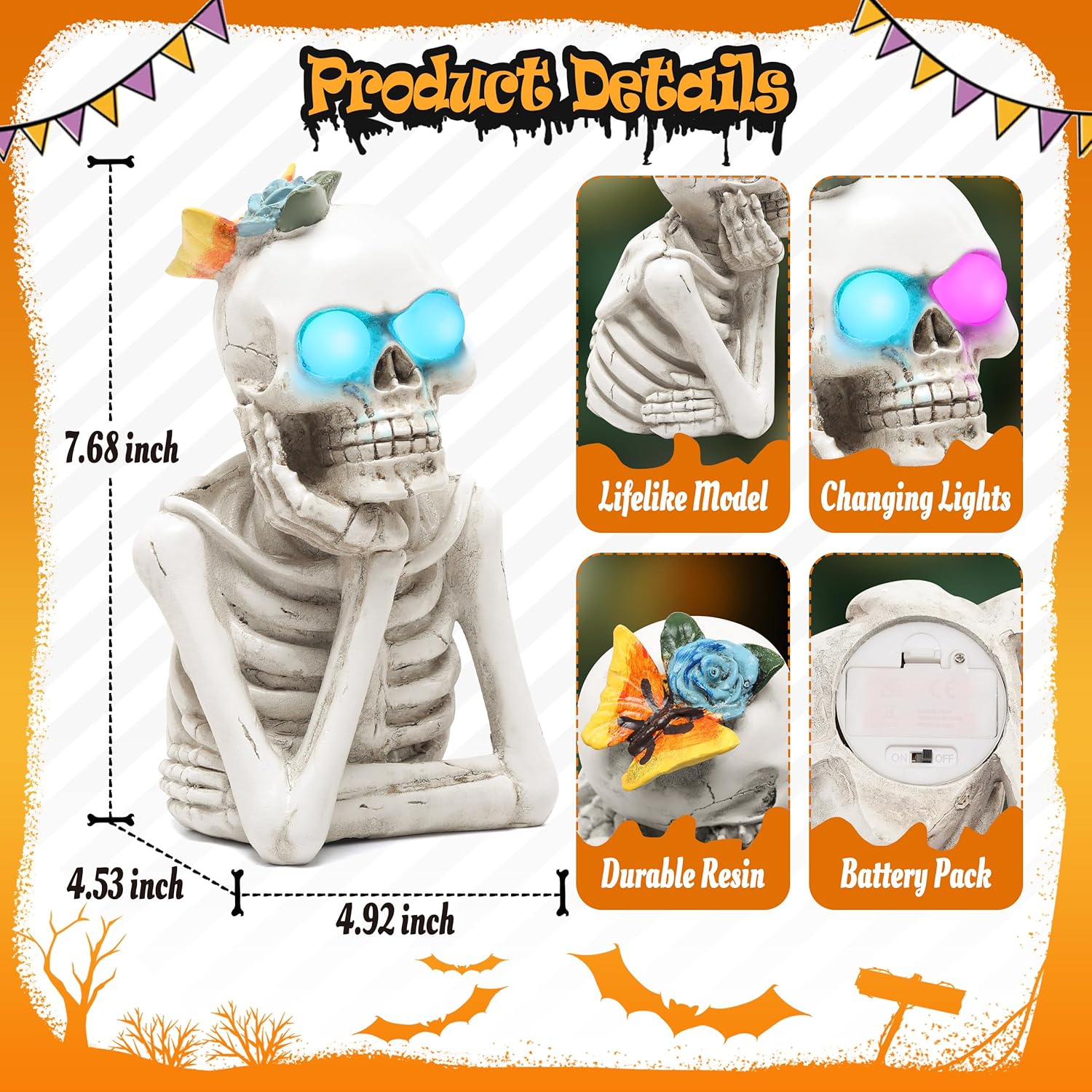 Halloween Skull Statue with Spooky LED Light for Holiday Decorations, Halloween Decor with Romantic Skeleton Couple on Swing Tombstone Tree, Grinning Skull Decor Props Haunted Collectible Gift - Halloween Happy