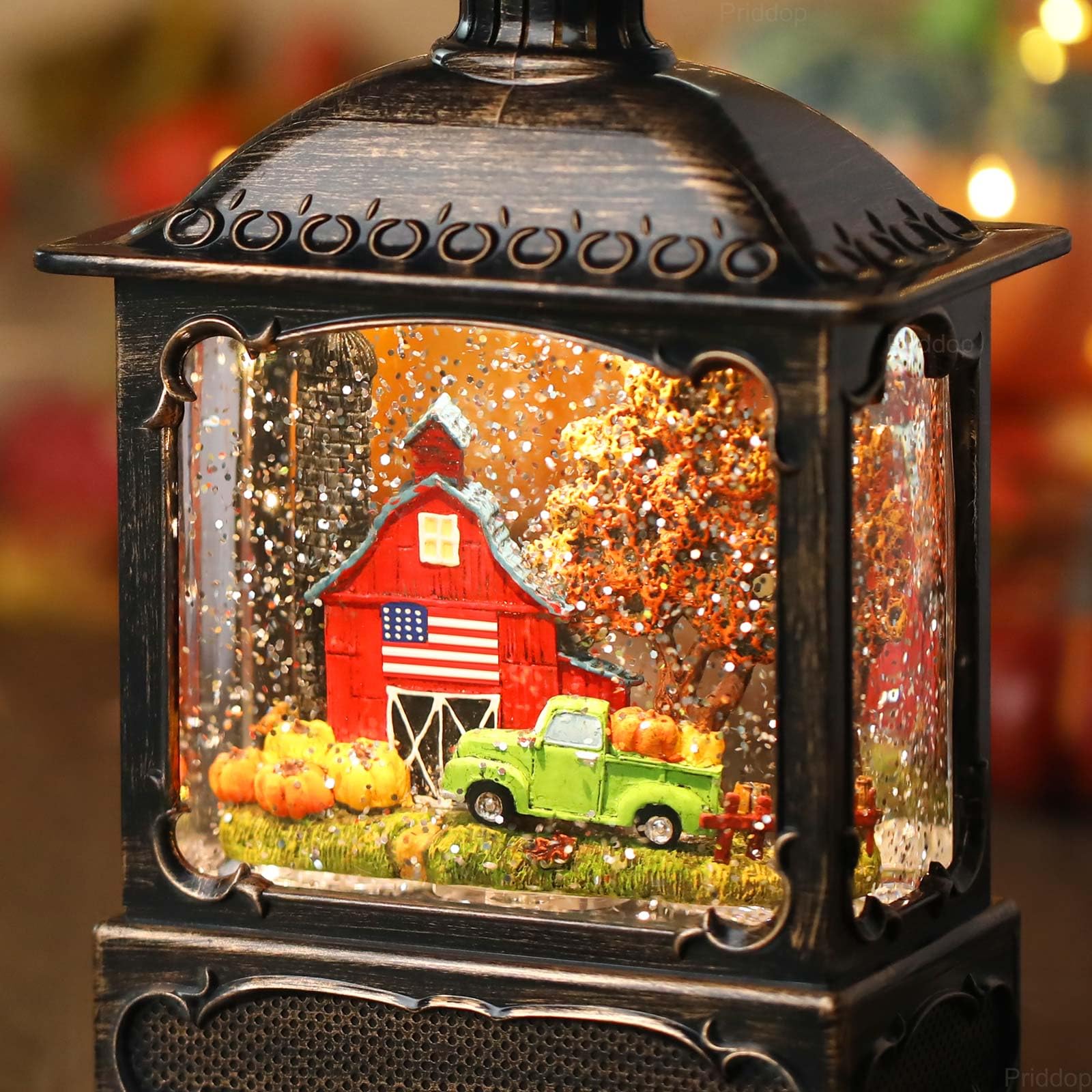Halloween Snow Globe Lantern Haunted House Pumpkin Ghost Tree Crow Rip Dancing Bats with Timer, USB and Battery Powered 12 inch - Halloween Happy
