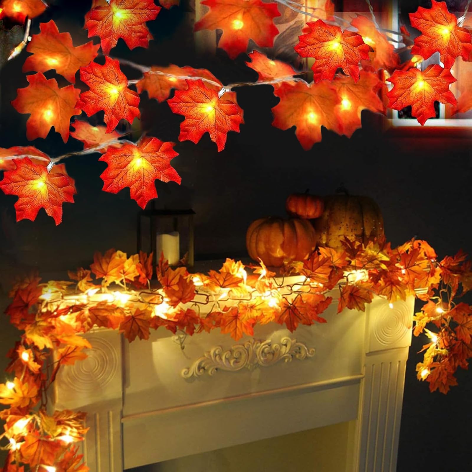 TURNMEON 2 Pack Fall Decor Enlarged Maples Leafed Lights Total 20Ft 40LED Thanksgiving Halloween Fall Decorations for Home,Battery Operated Autumn Garland Waterproof Indoor Outdoor Holiday Christmas - Halloween Happy