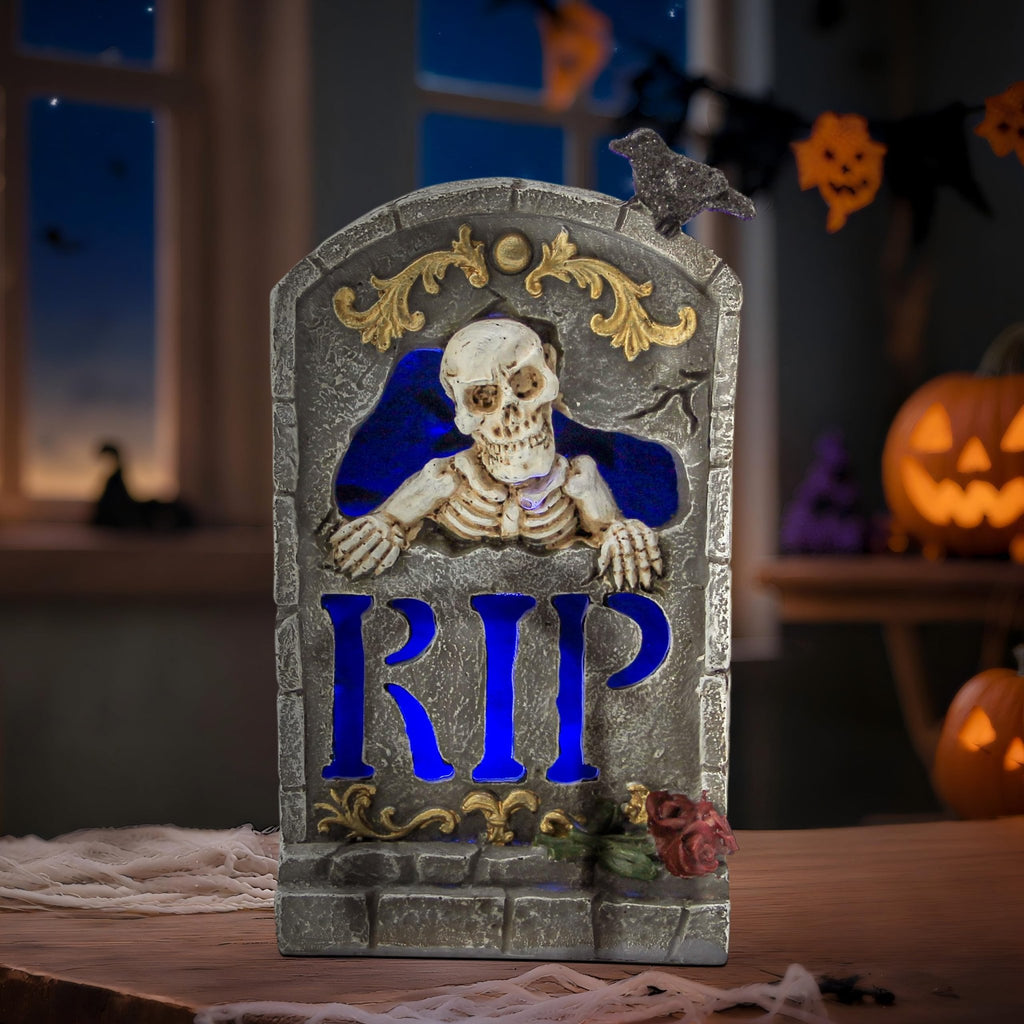 Halloween Skull Statue with Spooky LED Light for Holiday Decorations, Halloween Decor with Romantic Skeleton Couple on Swing Tombstone Tree, Grinning Skull Decor Props Haunted Collectible Gift - Halloween Happy
