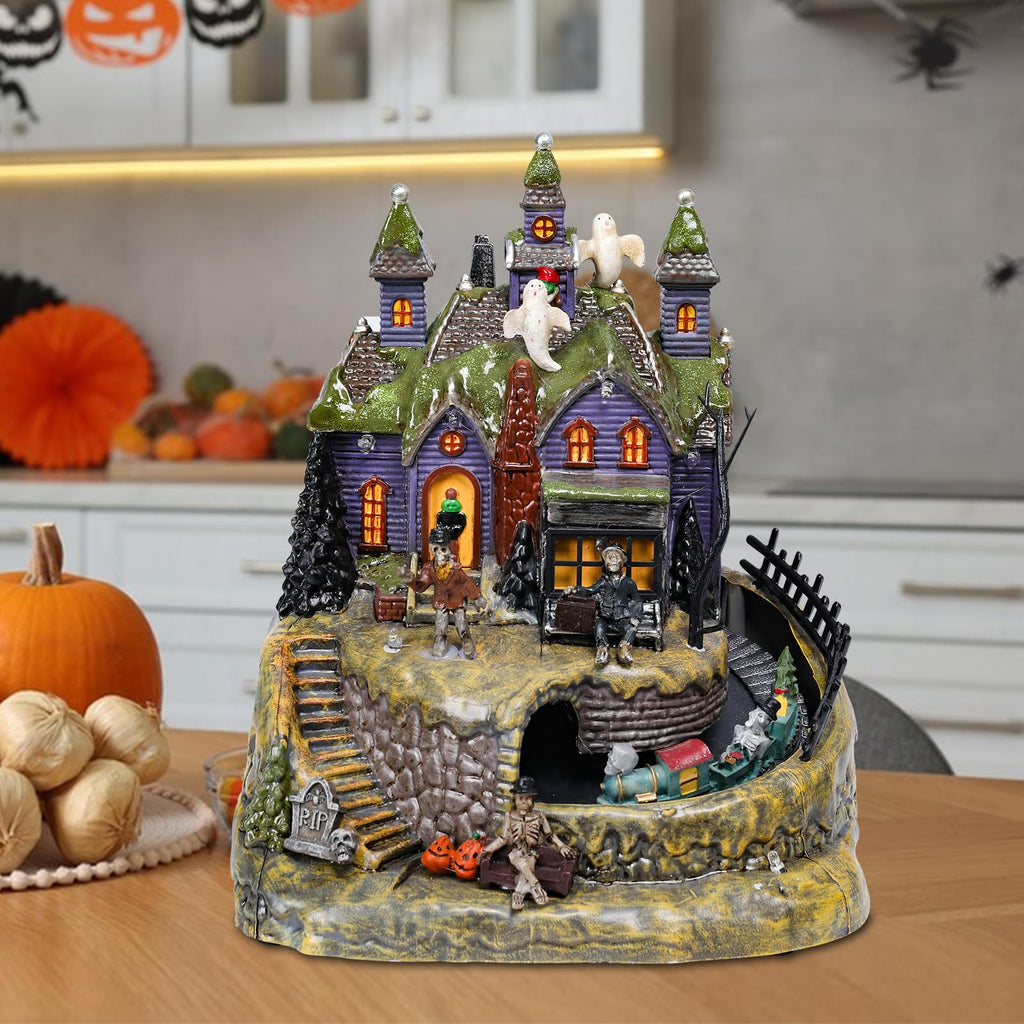 DREAM GARDEN Halloween Village Collection, Lighted Spooky Haunted House with Animated Train and Scary Sound Halloween Collectible Bulidings with Skull, Pumpkin, Ghost for Holiday Party Tabletop Decor - Halloween Happy