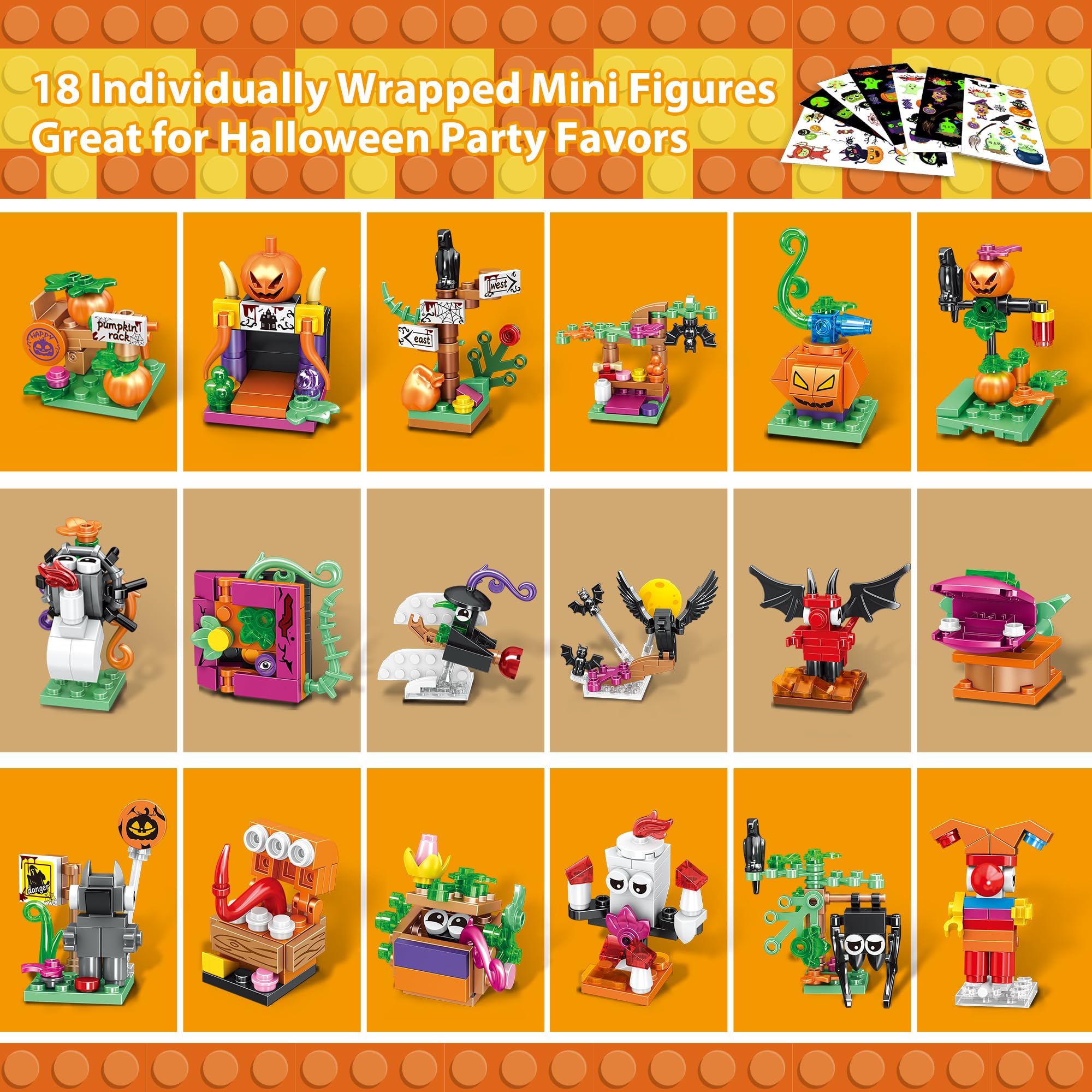 Halloween Building Set – Trick - or - Treat Toy for Kids, 6 - in - 1 Building Blocks with 18 Mini Packs, Pumpkin Patch, Ghost & Bat Scenes, Glow Tattoos, Pretend Play, Halloween Party Favors, Boys & Girls 6+ - Halloween Happy
