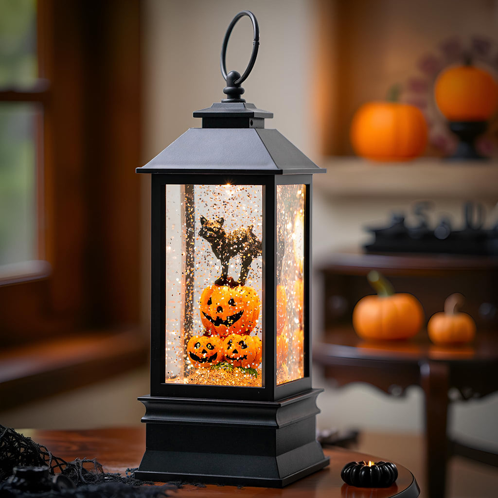 Halloween Snow Globe Lantern Water Glittering Spooky Witch' s Black Cat in Pumpkins with Music, USB Lined/Battery Operated Lighted Lantern for Halloween Festival Decoration Gifts - Halloween Happy
