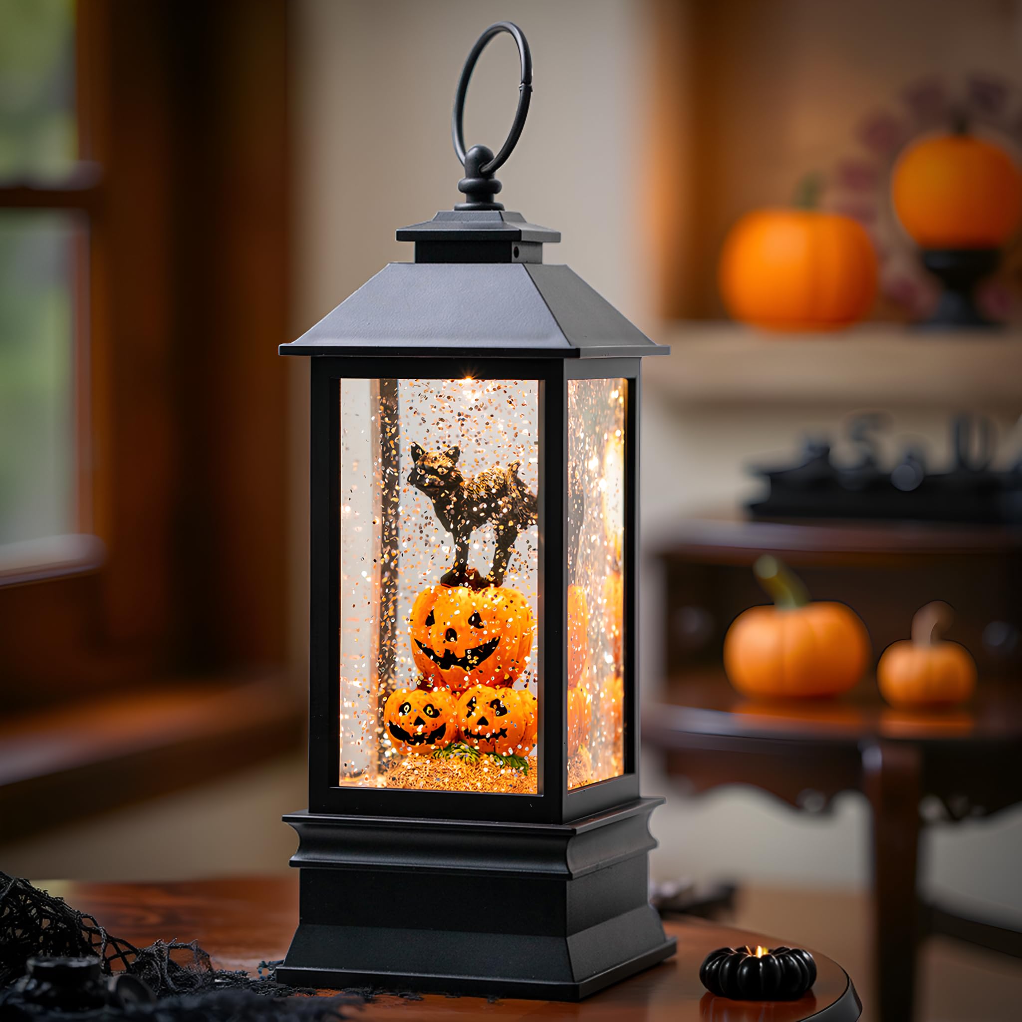 Halloween Snow Globe Lantern Water Glittering Spooky Witch' s Black Cat in Pumpkins with Music, USB Lined/Battery Operated Lighted Lantern for Halloween Festival Decoration Gifts - Halloween Happy