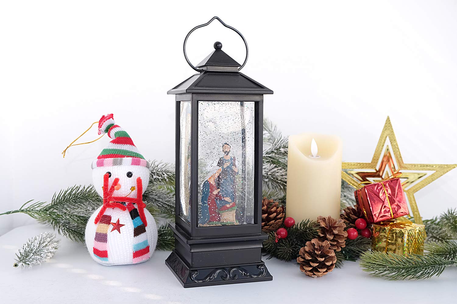 Eldnacele Halloween Ghost Projection Snow Globe Lantern with 6 - Hour Timer, Lighted Plug - in & Battery Operated Water Glittering Snowing Globe Lamp for Spooky Fall Halloween Indoor Decoration(Skeleton) - Halloween Happy