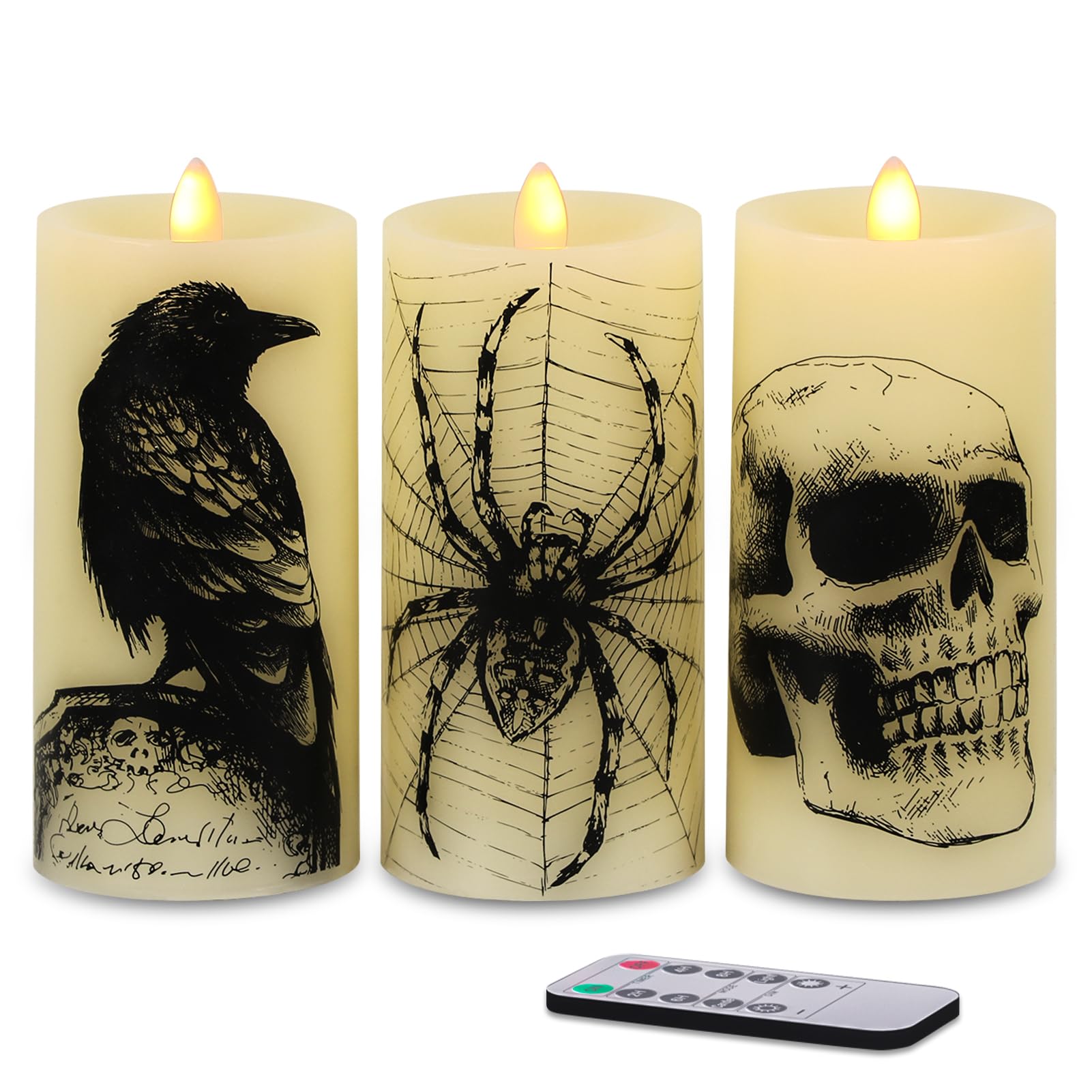 Eldnacele Halloween LED Flameless Flickering Candles Battery Operated with 6H Timer Skull Spider Web Crow Raven Spooky Decals Halloween Themed Indoor Decoration(3 Pack, D3 x H6) - Halloween Happy
