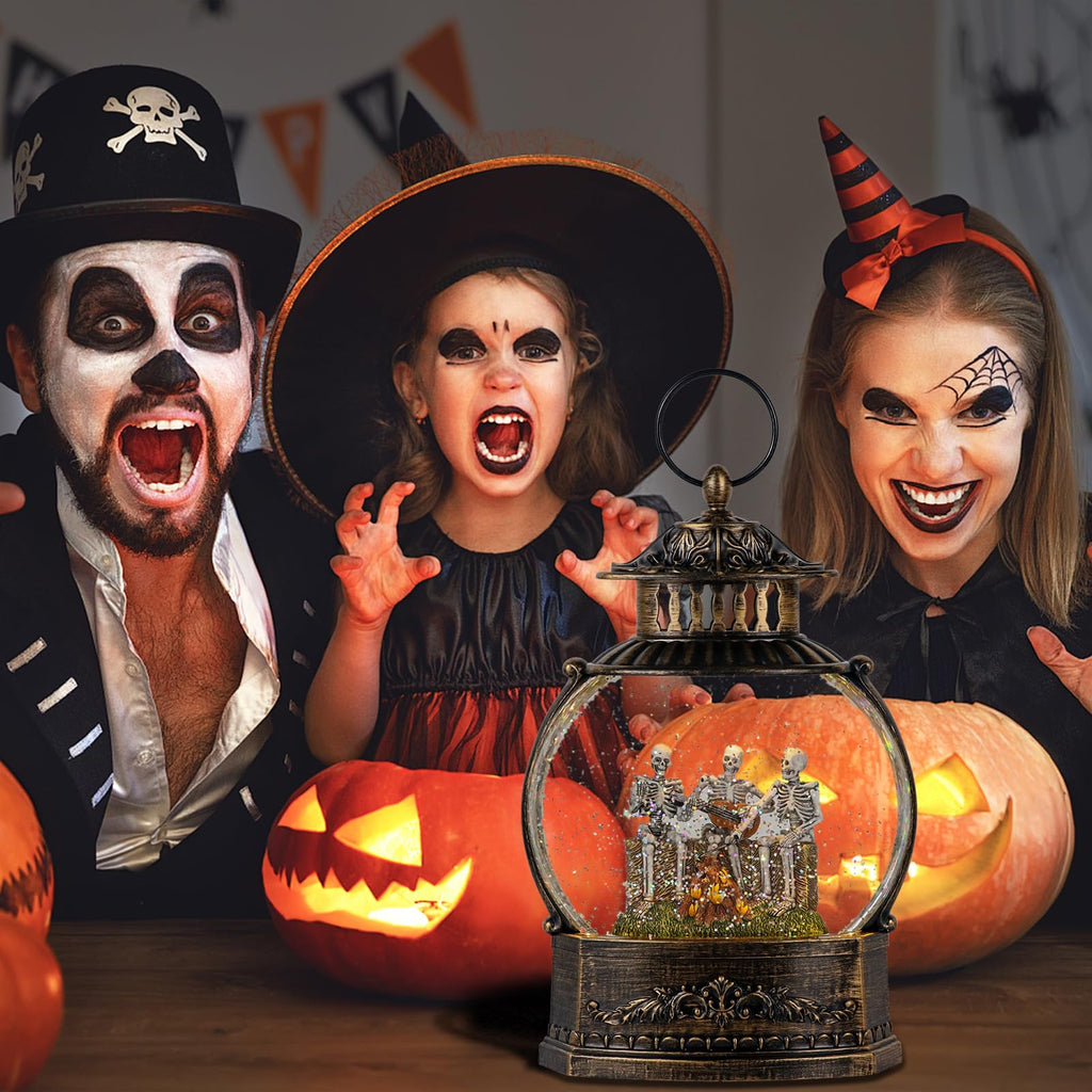 DRomance Halloween Skeleton Snow Globe Lantern with 6H Timer Battery Operated USB Powered Lighted Water Glitters Bronze Canteen Shaped Snow Globe Halloween Decoration Children Gift(6 x 3.2 x 11 Inch) - Halloween Happy