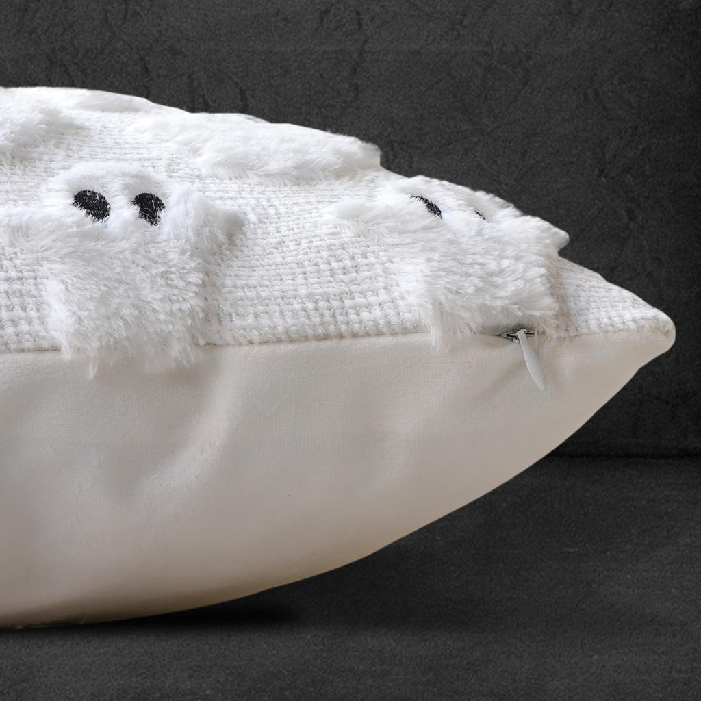 4TH Emotion Halloween Ghost Decorative Pillow Covers 18x18 Set of 2, White Soft Plush Faux Fur Farmhouse Throw Cushion Cases for Fall Autumn Holiday Home Decorations - Halloween Happy